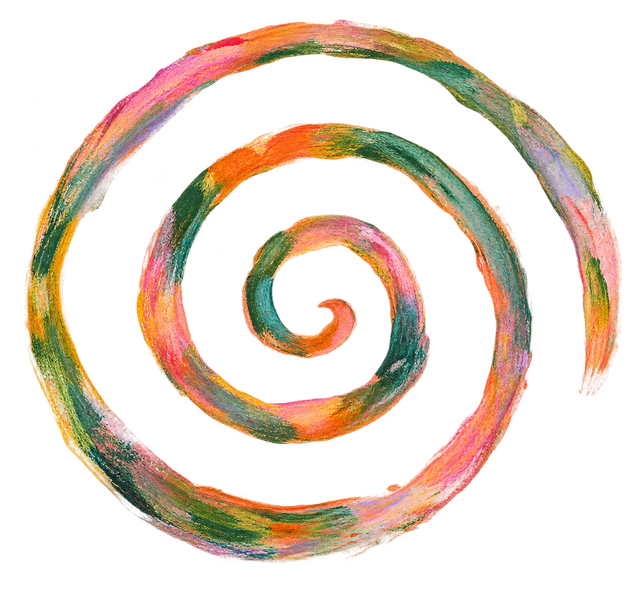 Colorful abstract spiral painted with textured brush strokes on a black background.
