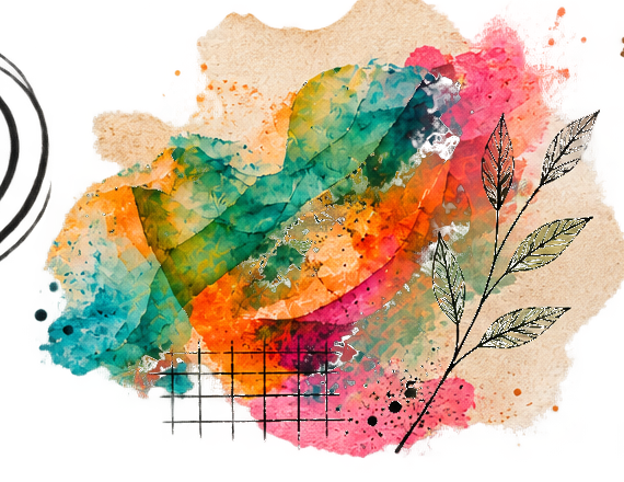 Abstract watercolor painting with colorful leaves and a grid pattern.