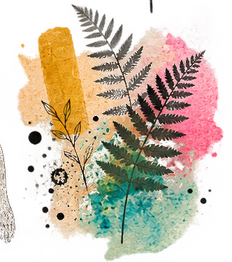 Abstract watercolor background with pink, blue, yellow, and black splashes, featuring green fern and leaf silhouettes.