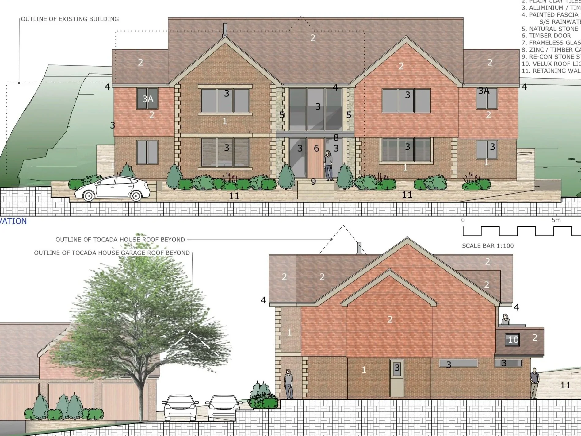 Architectural blueprint of a two-story house with detailed elevations and material specifications, showing front and side views, landscaping, and structural elements.