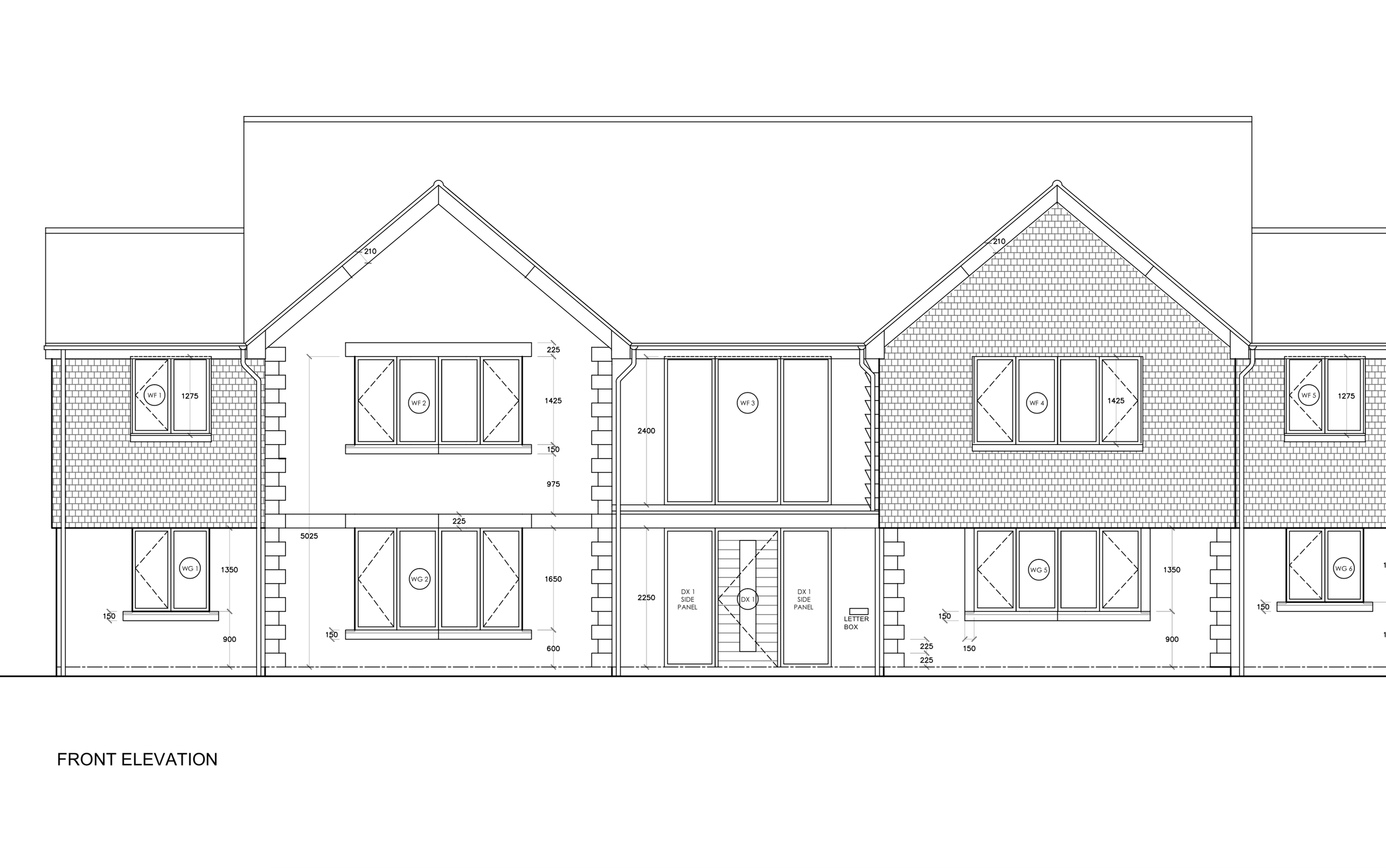 Architectural blueprint of a house's front elevation, showing multiple windows, doors, and a central staircase with detailed measurements.