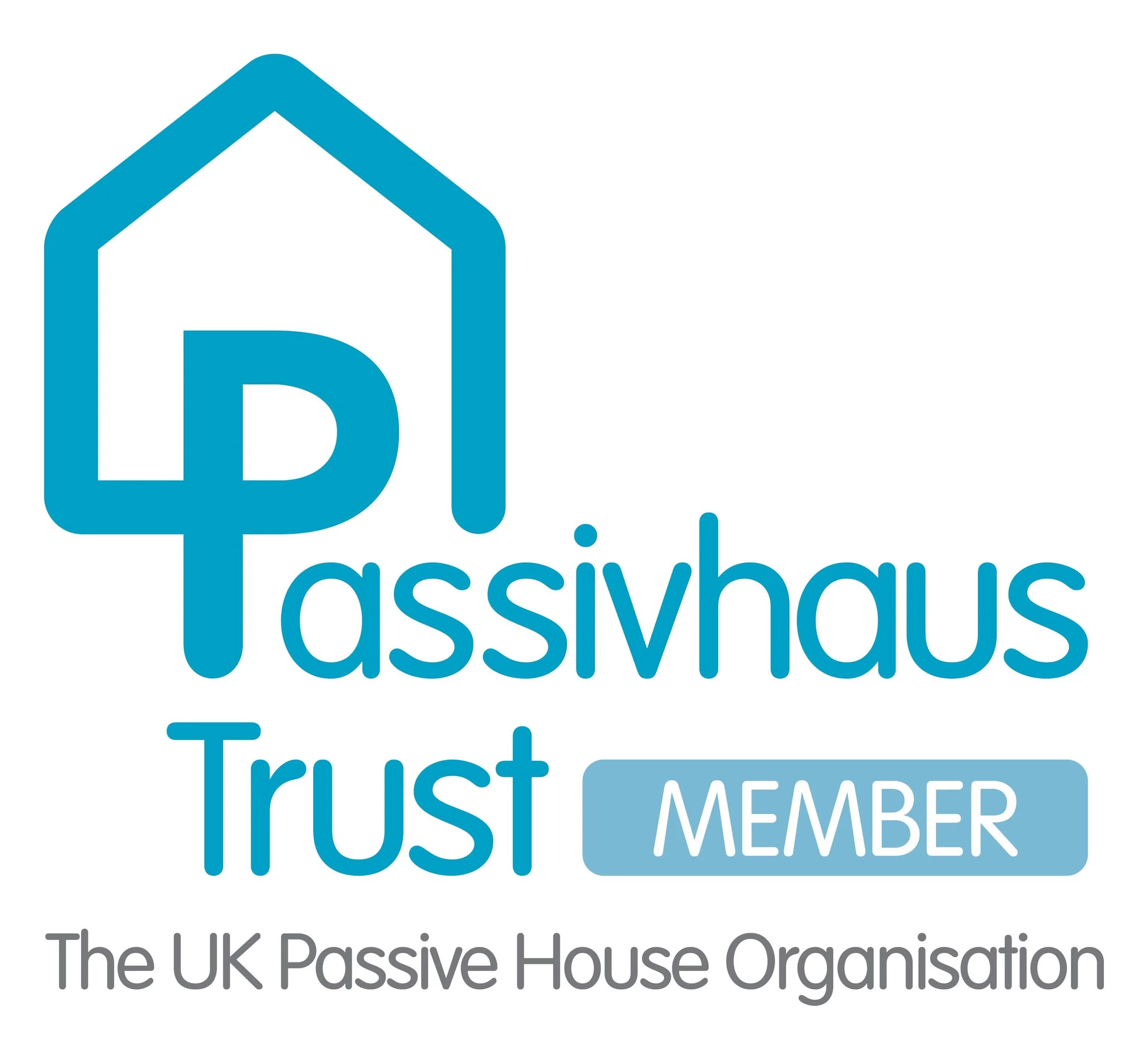 The logo of the UK Passive House Organisation Featuring a blue house outline with a large 'P' inside, the words 'passivhaus TRUST' with 'TRUST' in larger font, and a blue rectangle with white text reading 'MEMBER'. Below, it says 'The UK Passive House Organisation' in grey.
