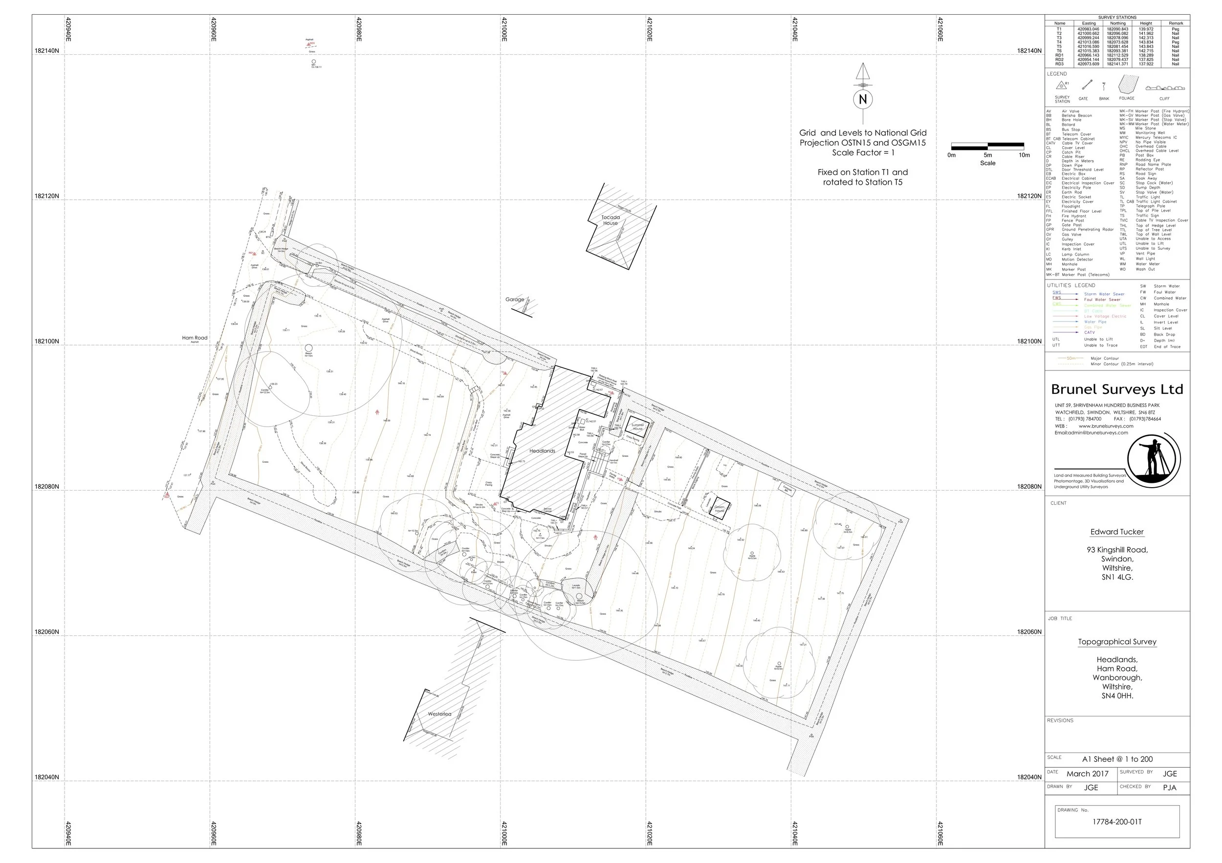 Topographical survey plan showing property boundaries, buildings, trees, and measurements of a residential area. Includes legend, scale, and notes.
