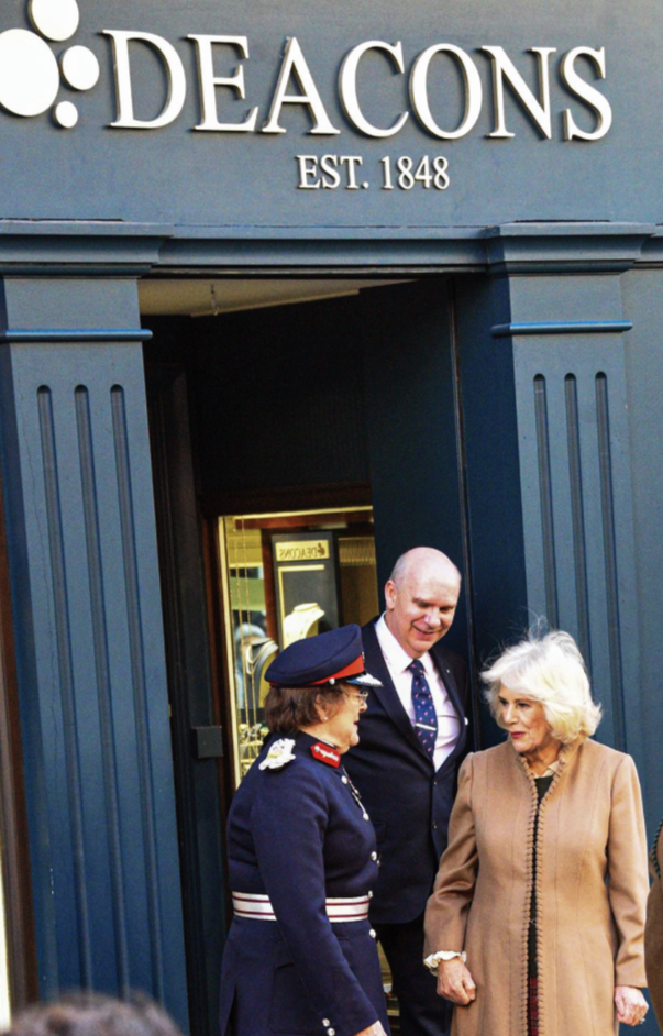 A visit by Queen Camilla to Deacons Jewellers in Swindon in 2024