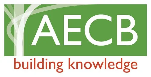Logo with green background, large white letters 'AEC B', and the words 'building knowledge' in red below.