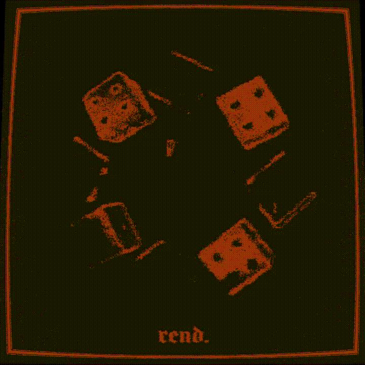 A black square with a red border and four red die showing the number five, arranged in a circle. The word 'tend.' is written in red at the bottom.