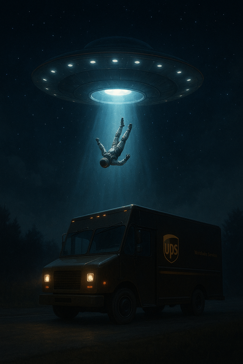An alien abduction scene with a UFO shining a light on a UPS delivery truck and an astronaut being pulled up towards the spaceship in a starry night sky.