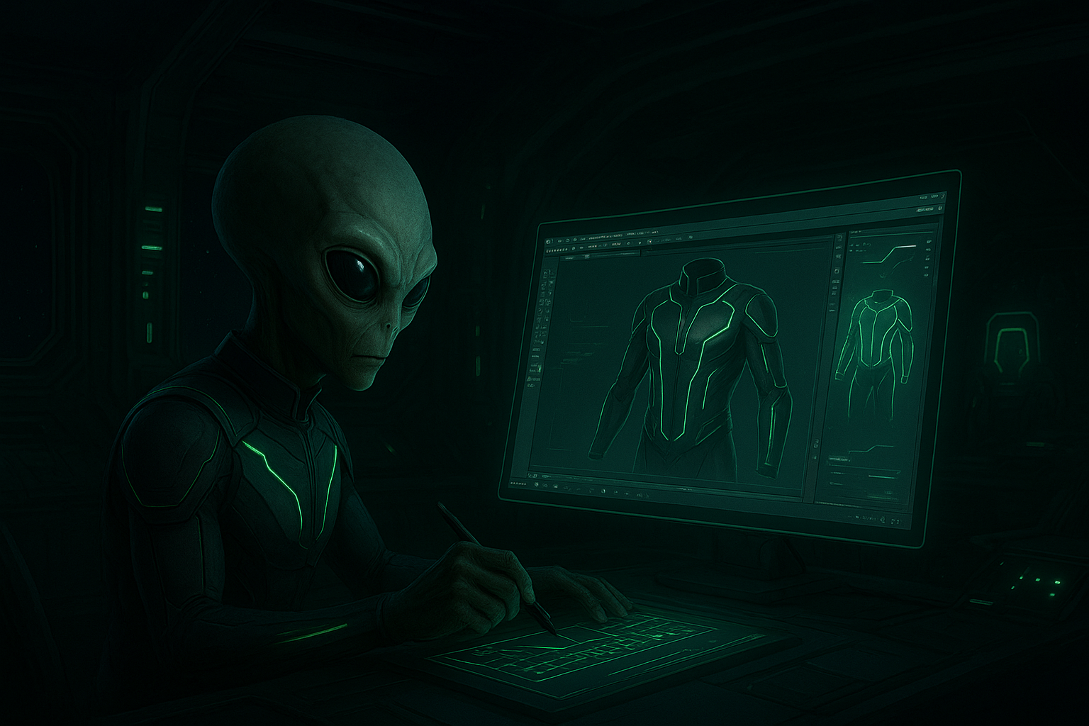 An alien with large black eyes and greenish skin is designing a futuristic suit on a digital tablet, with a computer screen displaying the suit's design in a dark, high-tech environment.