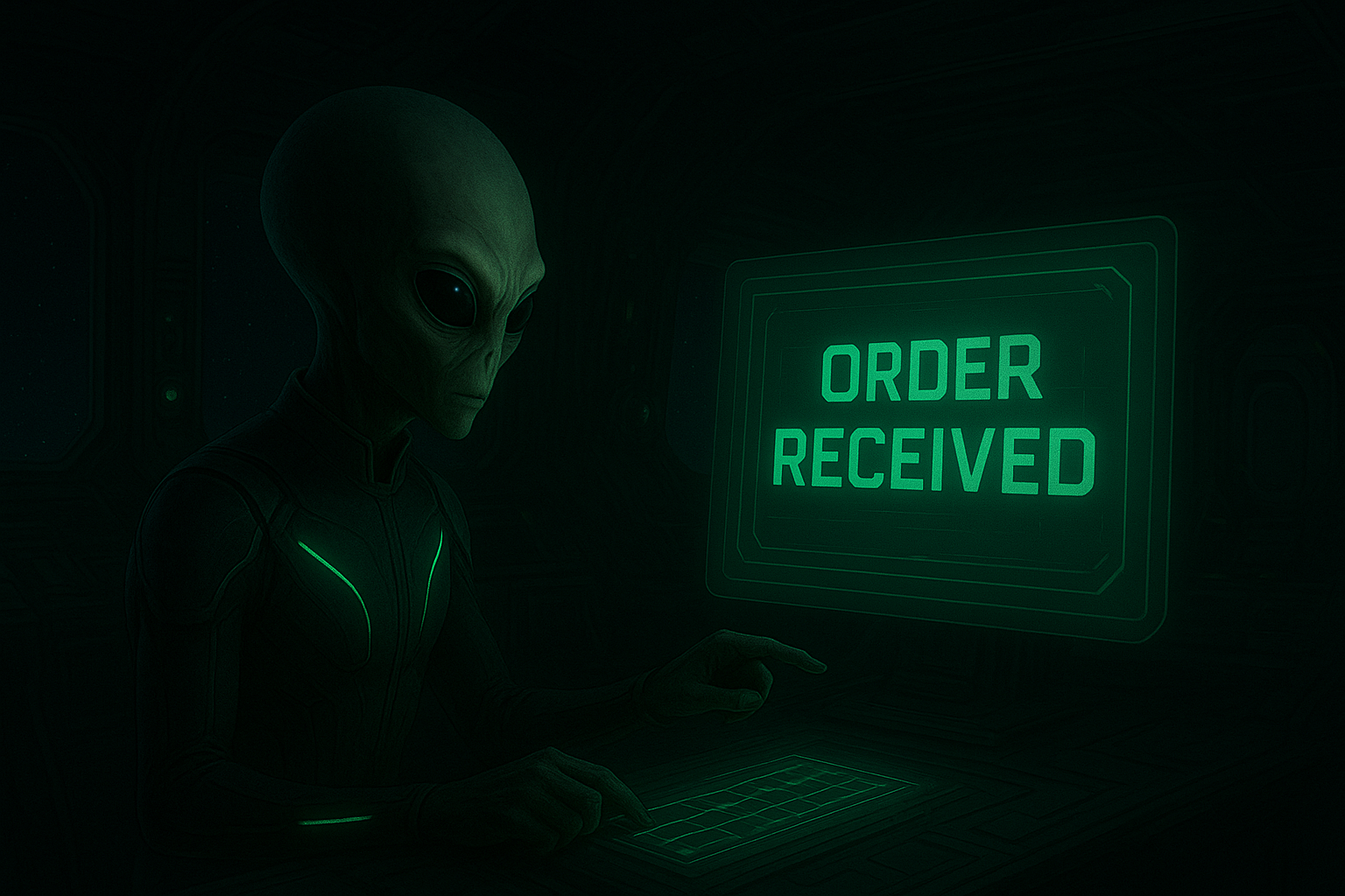 An alien in a dark room with green lighting points at a screen that reads 'ORDER RECEIVED'.