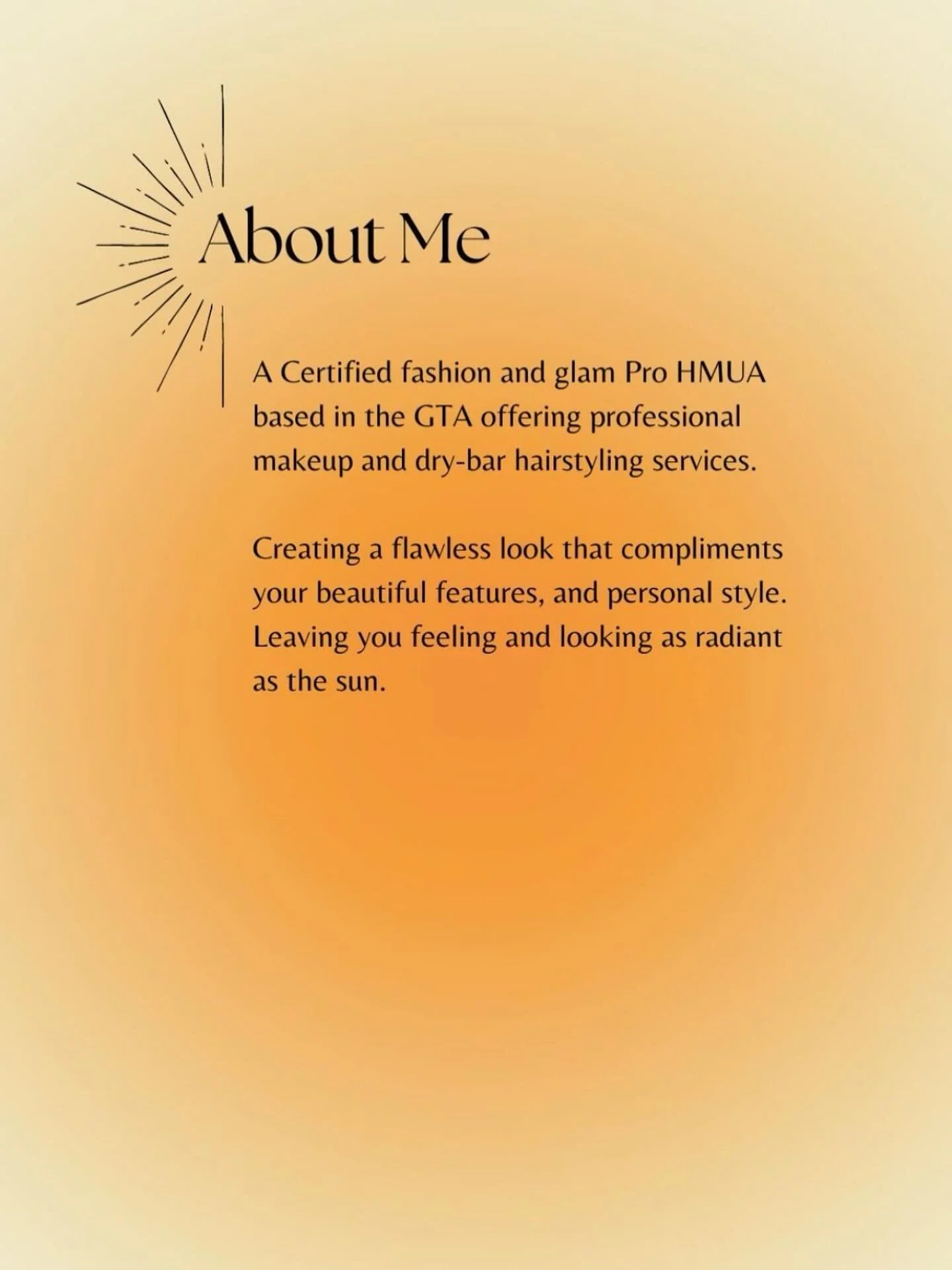 Hi, I&rsquo;m Eliza! ✨ I&rsquo;m a certified PRO HMUA&mdash;I specialize in full glam,the kind that leaves you feeling radiant on your night out, special event, or milestone moment. 

I love being able to give you an experience that leaves you feelin