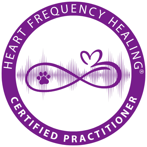 A purple circular logo with the text "Heart Frequency Healing Certified Practitioner." The center features a heart shape intertwined with an infinity symbol, surrounded by a waveform pattern.
