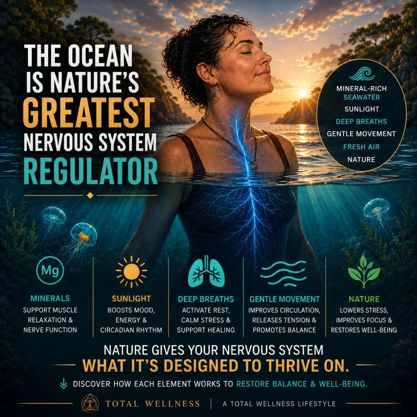 🌊 The ocean is one of nature's greatest nervous system regulators.

It isn't just the water.

It's the combination of mineral-rich seawater, deep breathing, gentle movement, sunlight, fresh air, and the rhythmic sound of the waves working together t