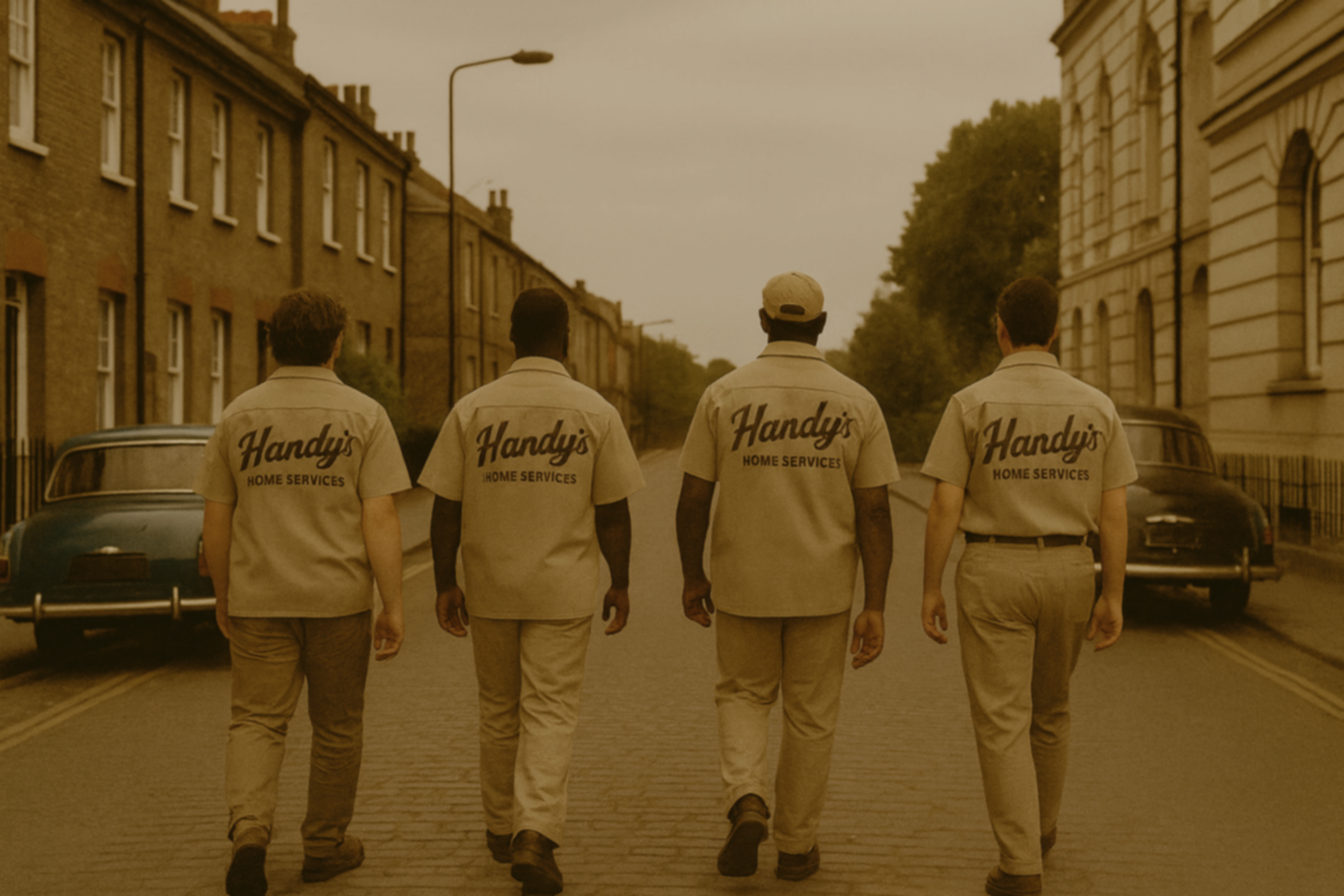 Four men in beige uniforms with 'Handy's Home Services' on the back walk down a street with brick and stone buildings, parked cars, and trees on a cloudy day.