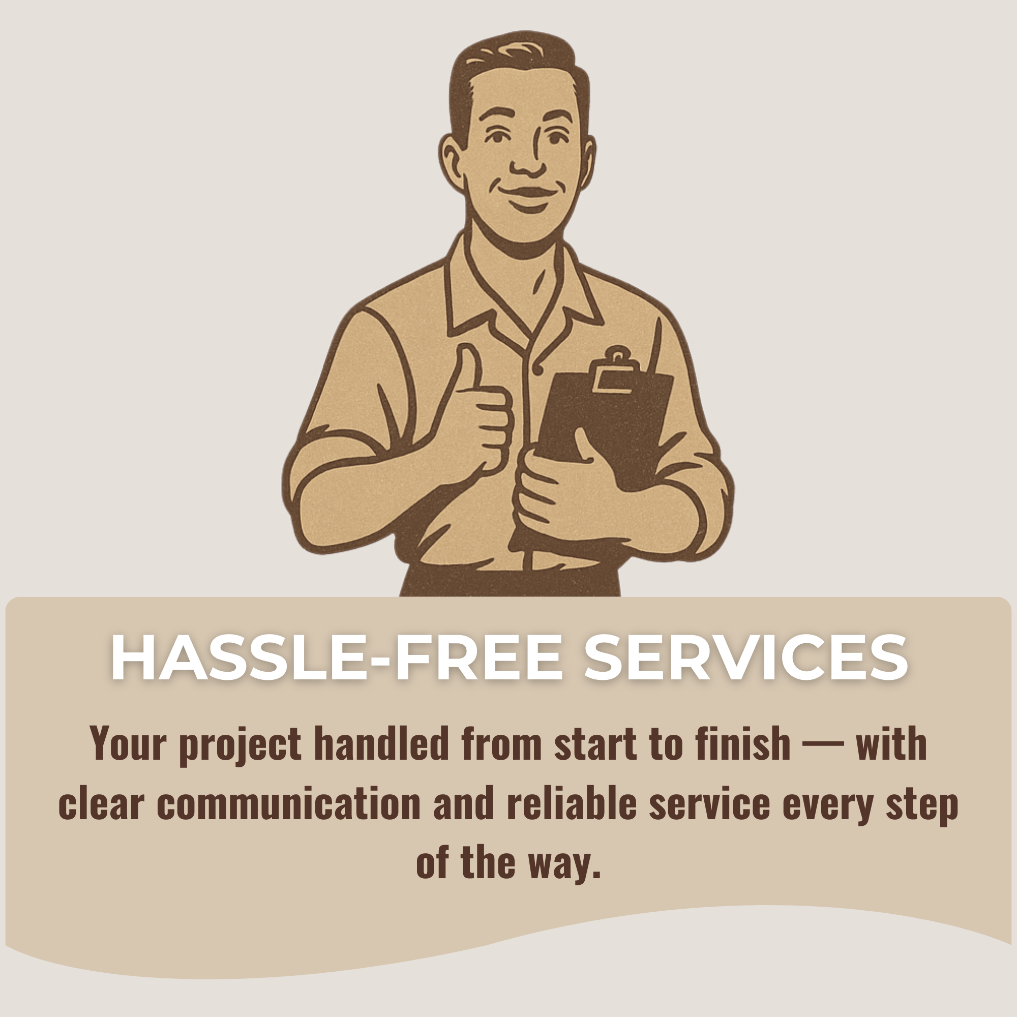An illustration of a happy man holding a clipboard and giving a thumbs up, promoting hassle-free services and reliable project handling.
