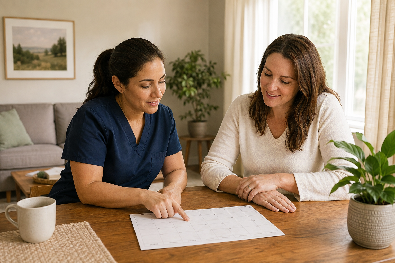 Illustrative image of a caregiver and adult client planning support together at home