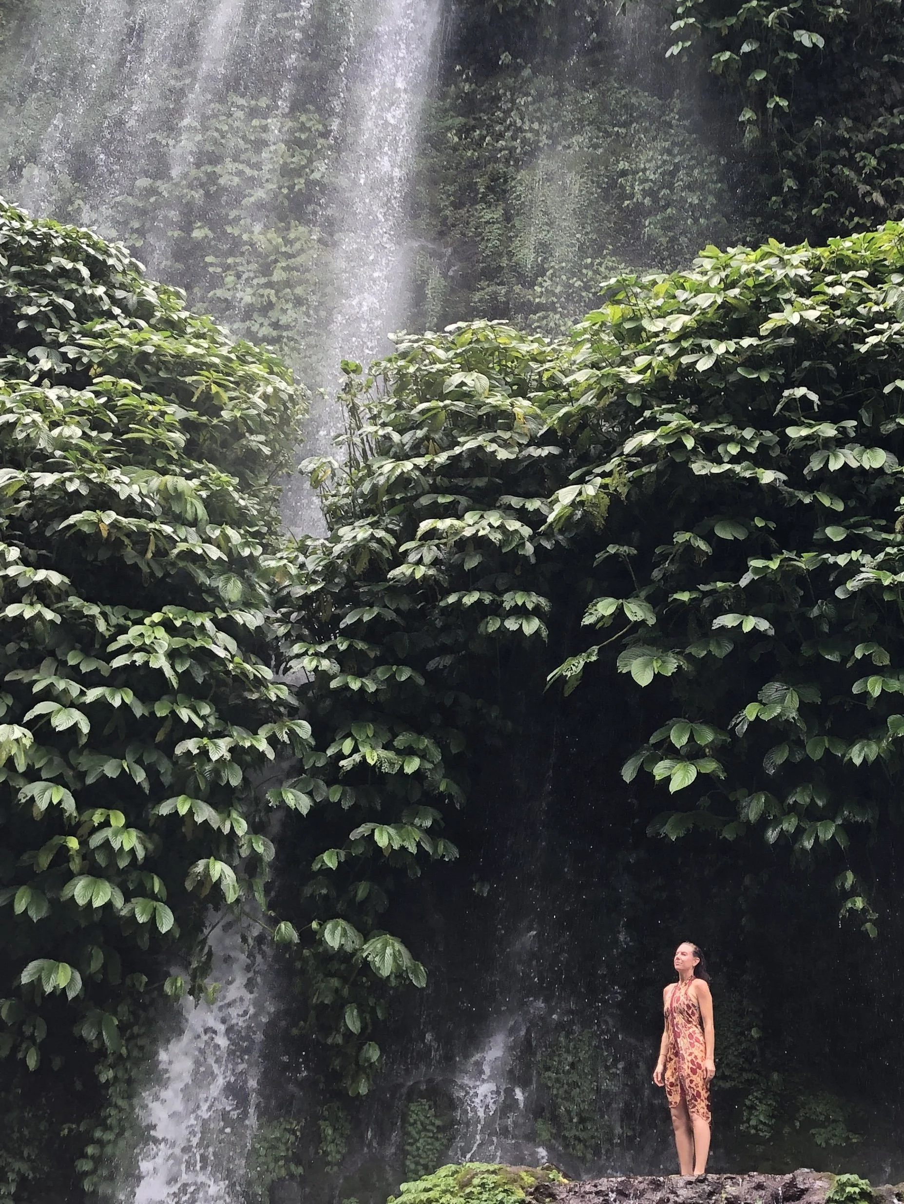 A woman standing in front of a waterfall surrounded by lush green foliage, wearing a patterned dress and looking upward.