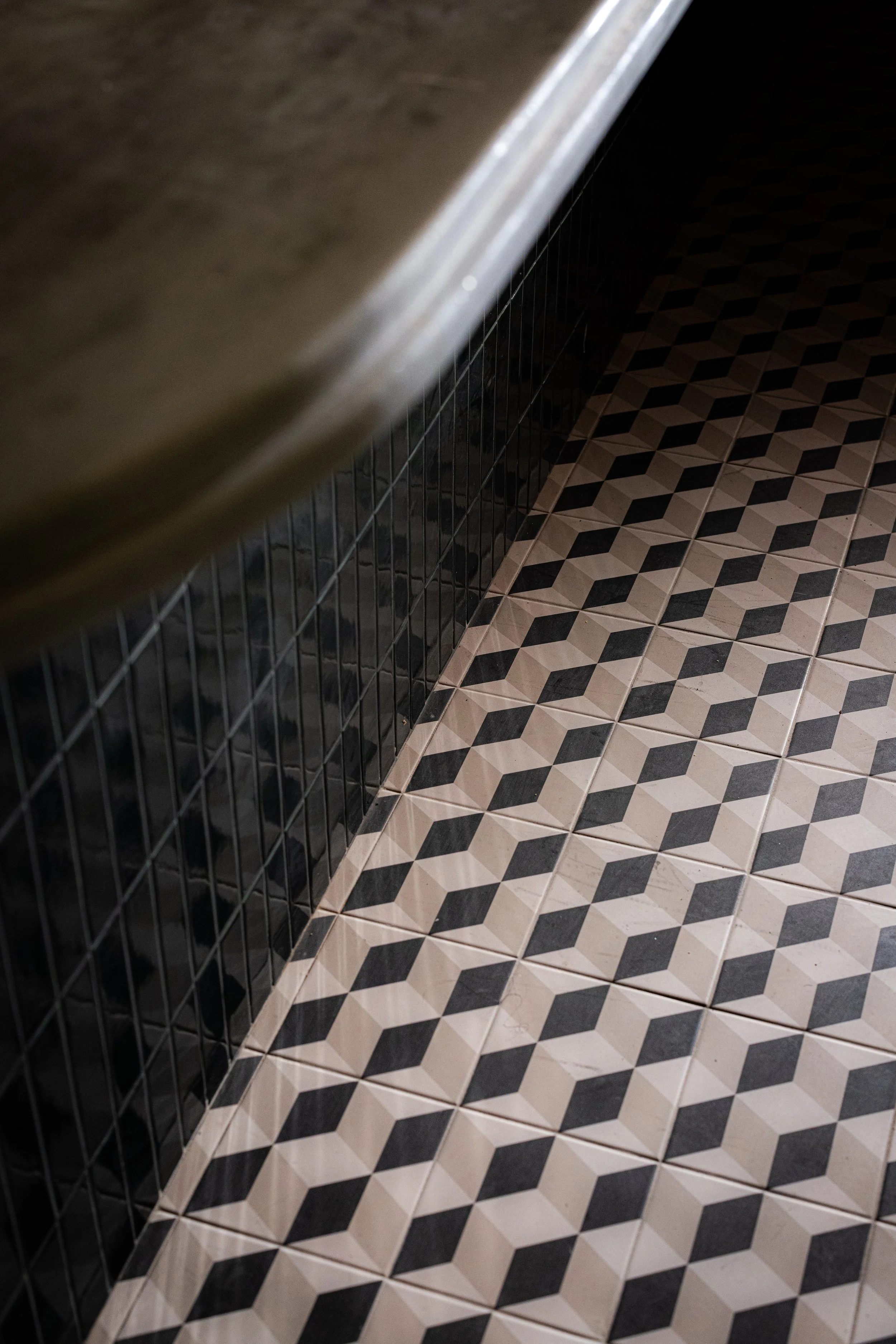 The interior floor pattern at cocktail bar FOLK Brooklyn