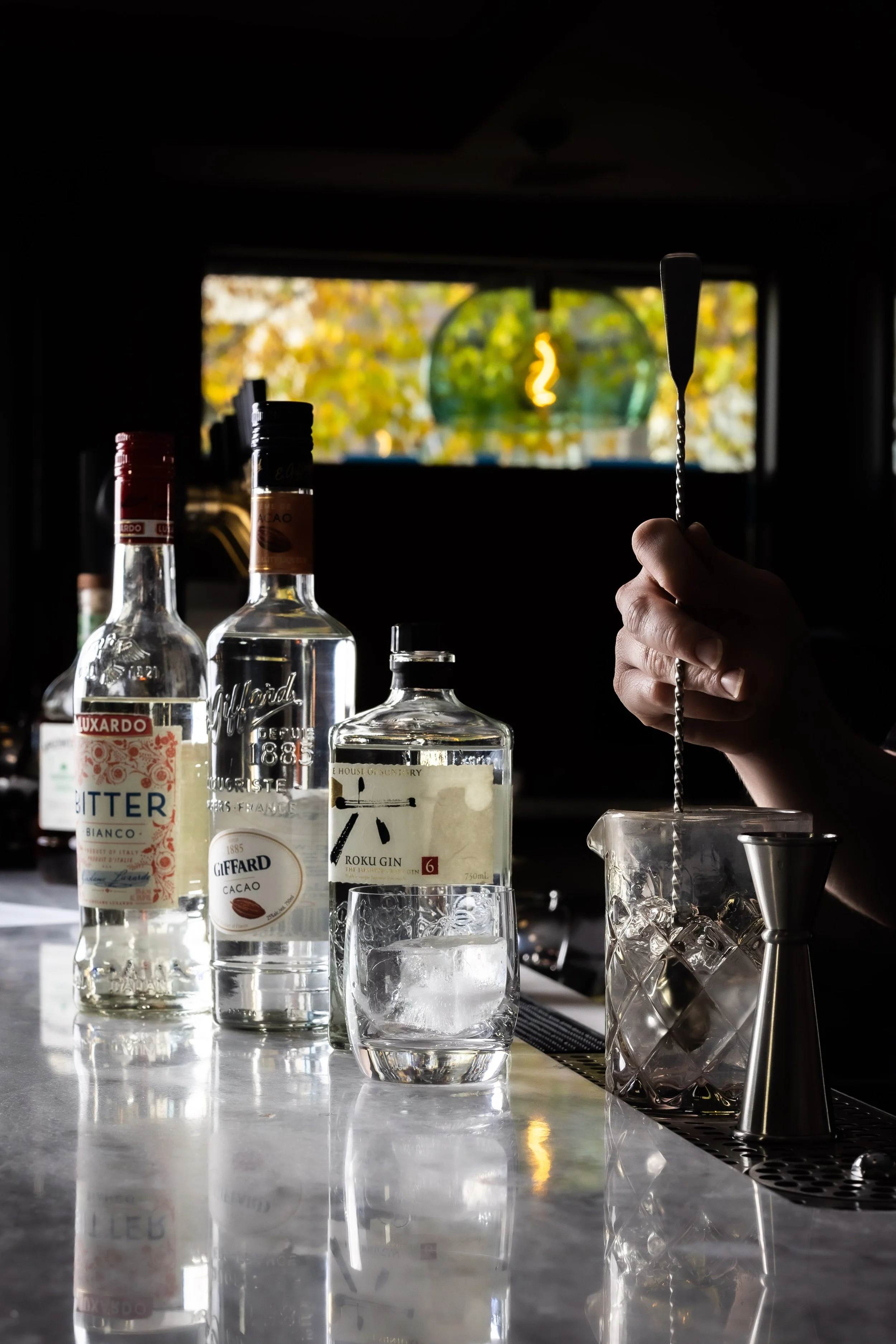 A bartender mixing a martini