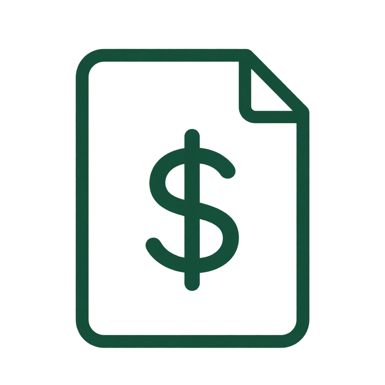 Dark green outline icon of a document with a dollar sign, representing a bill or financial document
