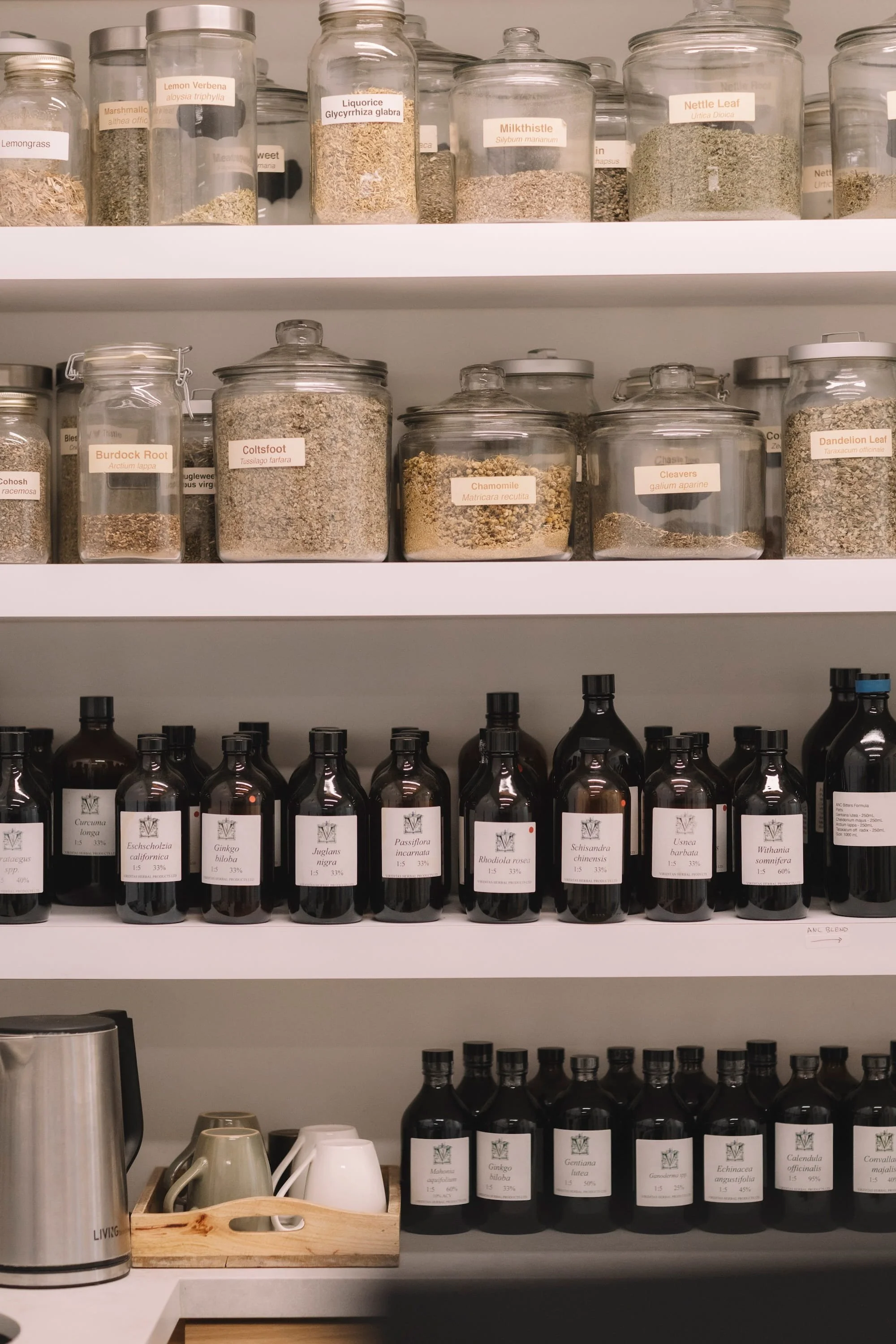 Shelves filled with glass jars containing herbs and spices, with labels indicating their names, including lemon verbena, liquorice, nettle leaf, chamomile, cleavers, and others, along with a selection of small coffee cups and a stainless steel thermos on the countertop.