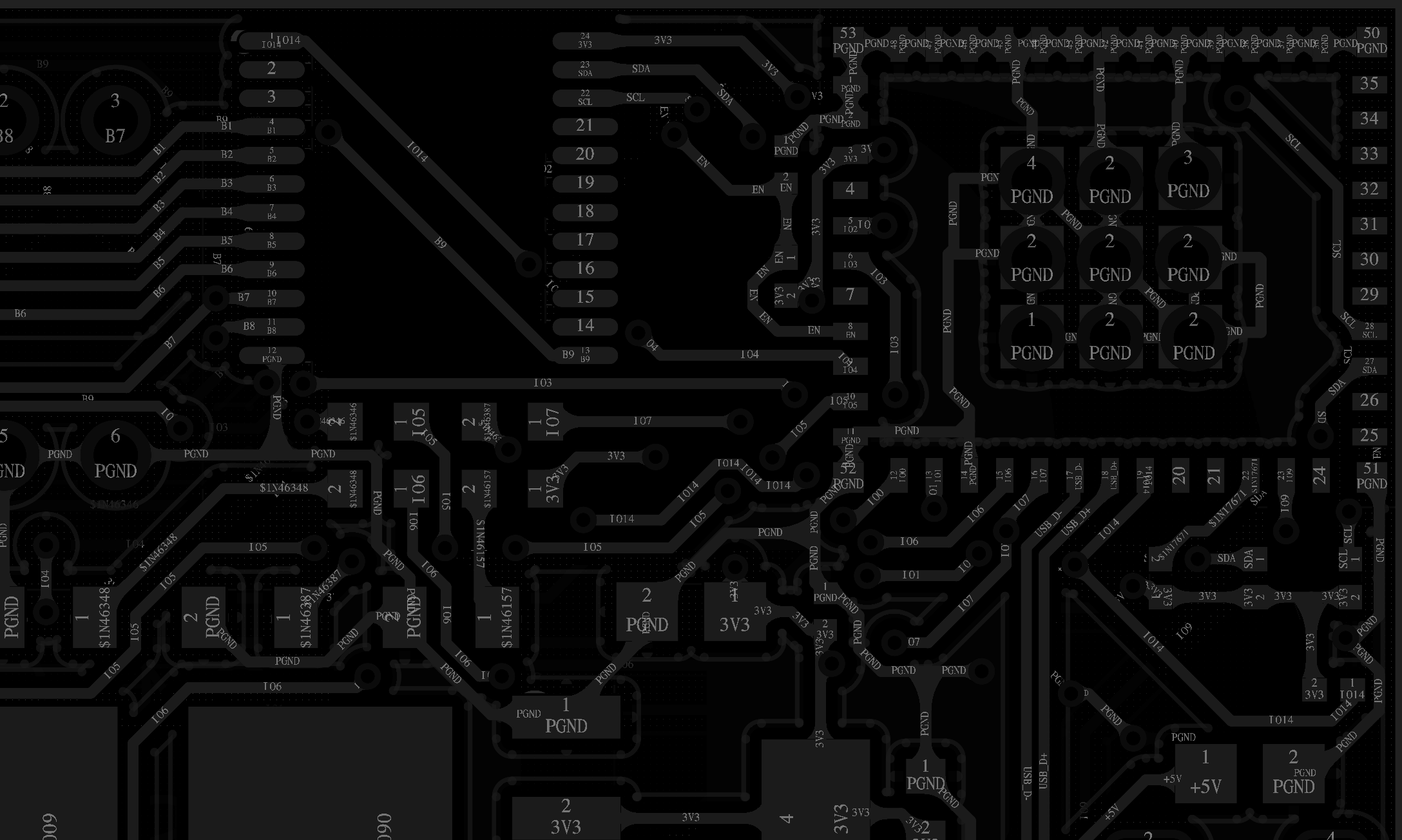 Close-up of a black printed circuit board with various labeled electronic components, resistors, capacitors, and solder points.
