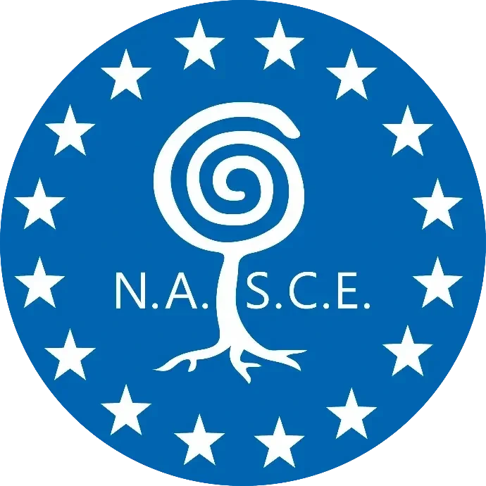 Blue circular logo with white stars around the border, a stylized tree with a snail shell-shaped top, and the letters 'N.A. S.C.E.' in the center.