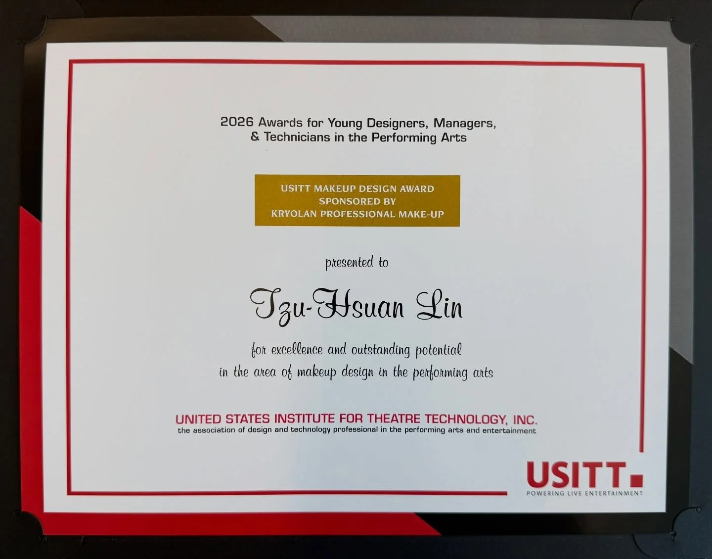 I very honored to receive the 2026 USITT Makeup Design Award sponsored by @kryolanofficial 🎭

I wouldn&rsquo;t have the chance to be standing on the stage without my parents and of course @bersonator @johantengyuang @whoisitcostumes @caitlinmolloy.h