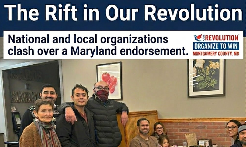 A group of people gathered inside a restaurant, posing for a photo in front of a wall with artwork. The image includes text about a dispute between national and local organizations over a Maryland endorsement, with a small logo for Montgomery County, MD.