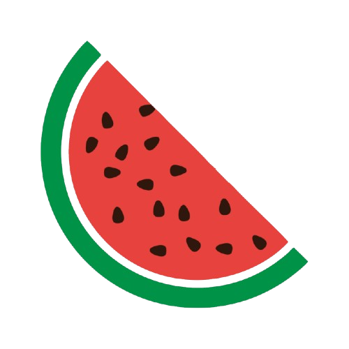A slice of watermelon with green rind, red flesh, and black seeds.