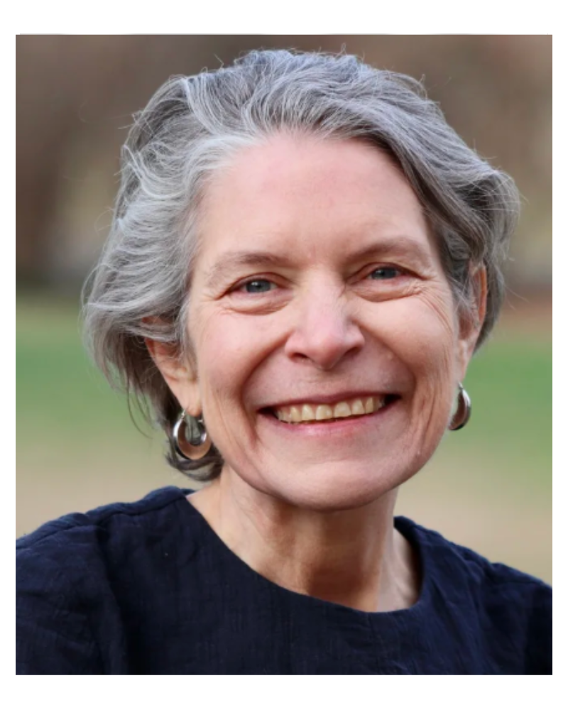 Headshot of a smiling older woman with short gray hair, wearing silver hoop earrings and a dark top, outdoors with a blurred background.