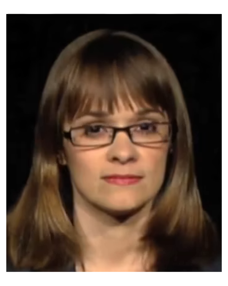 Portrait of a woman with straight, shoulder-length brown hair, glasses, and a slight smile, set against a black background.