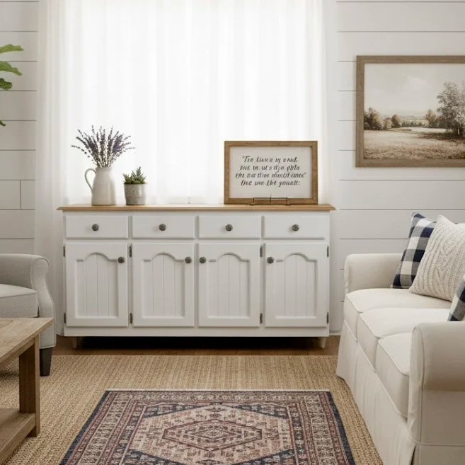 Modern farmhouse classic buffet and hutch in white with a natural timber top