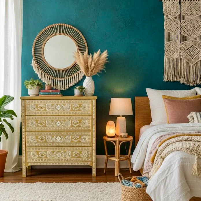 Boho chest of drawers with stencilling