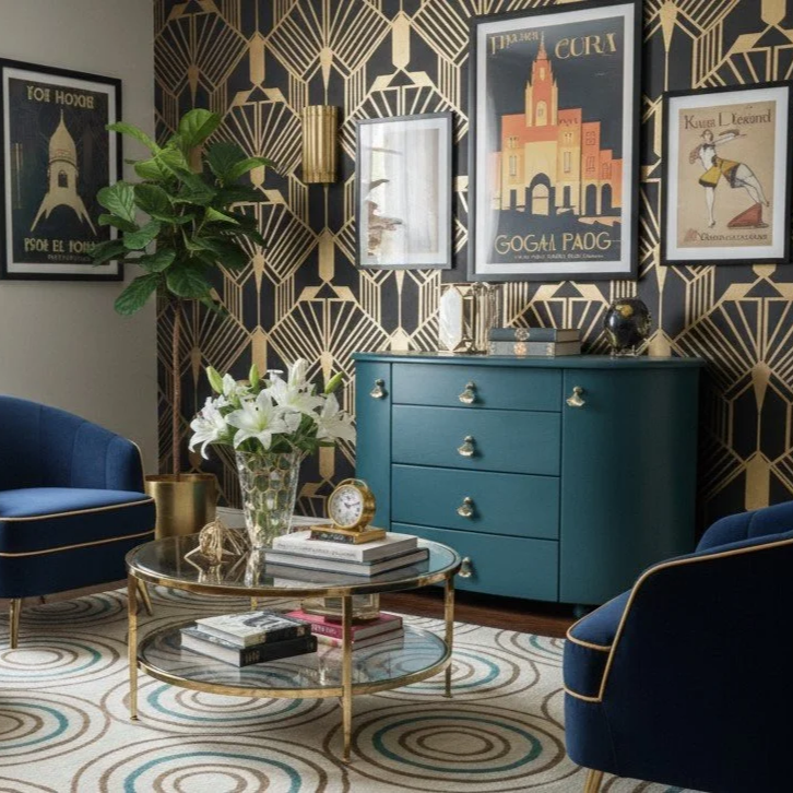 Moody deep aqua with brushed brass Gingko Leaf hardware for an art deco look