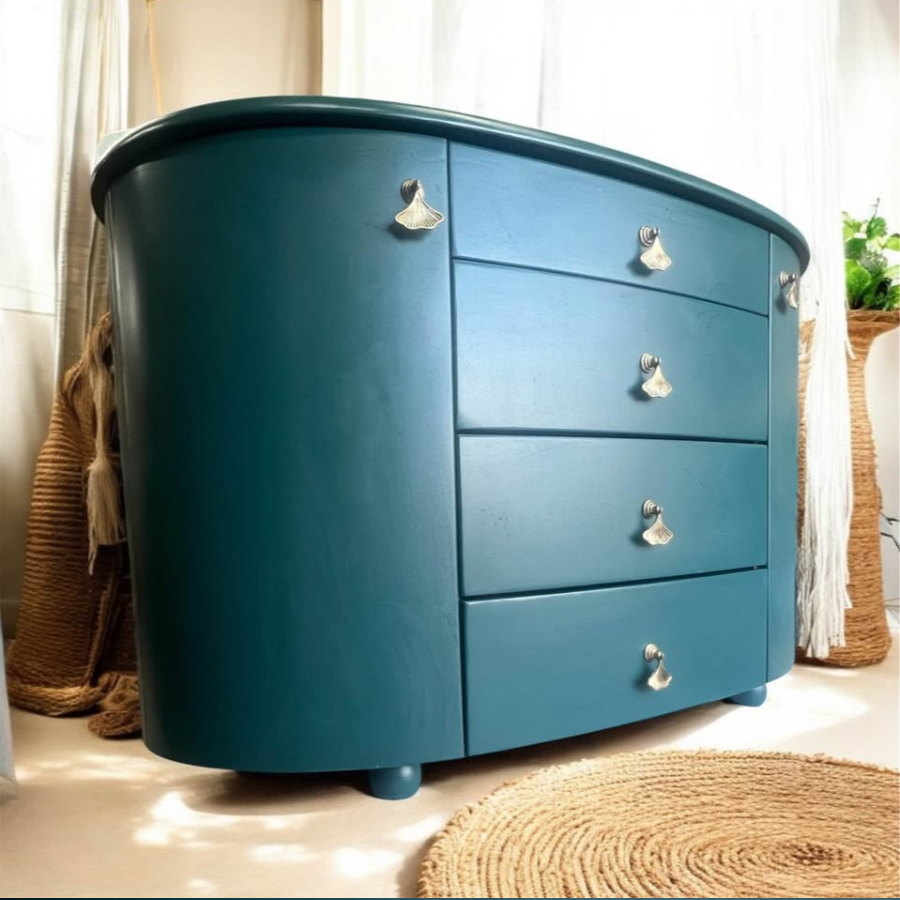 Teal green art deco sideboard with gingko leaf hardware