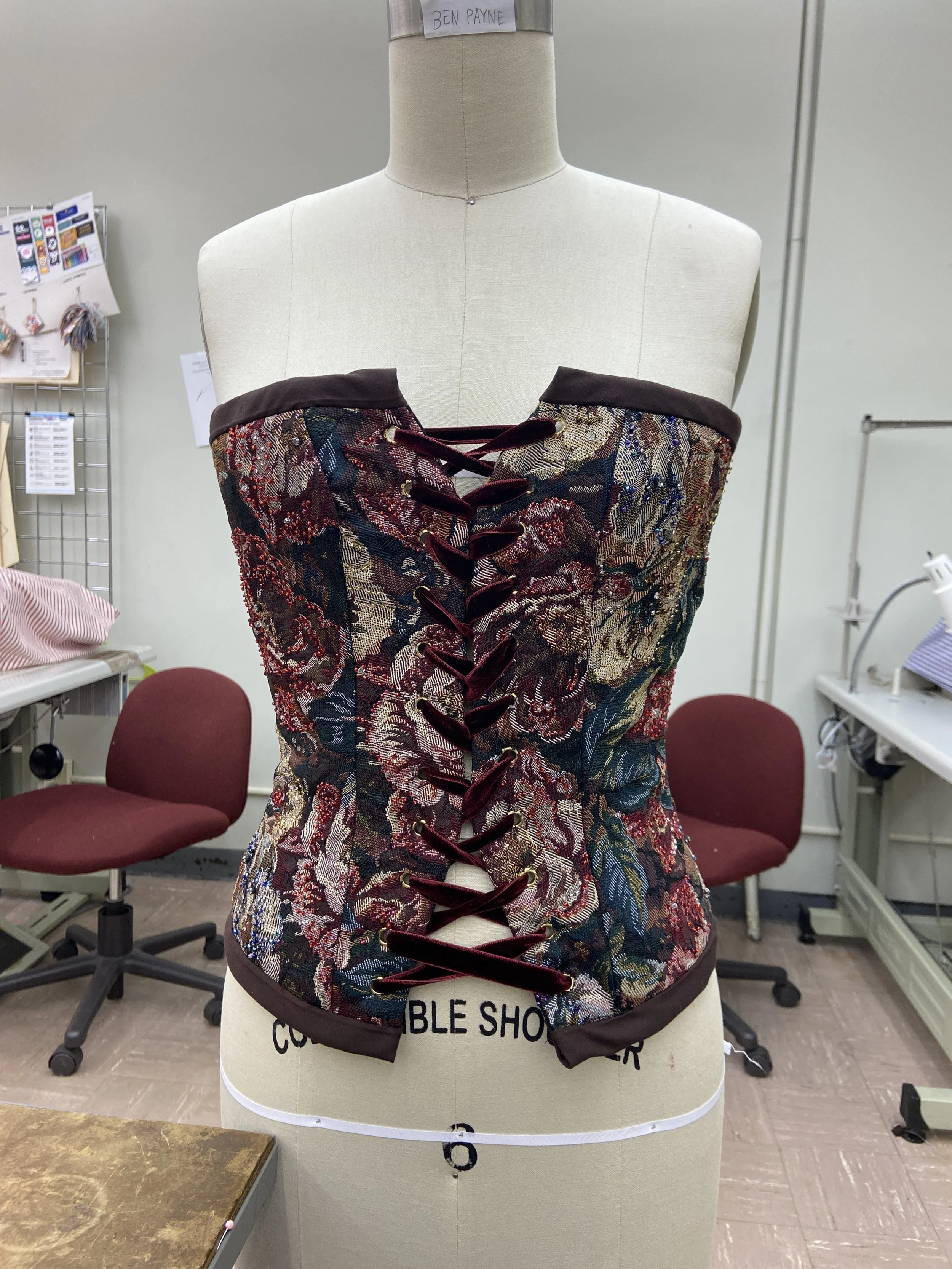 Front View: finished corset fitted to a mannequin