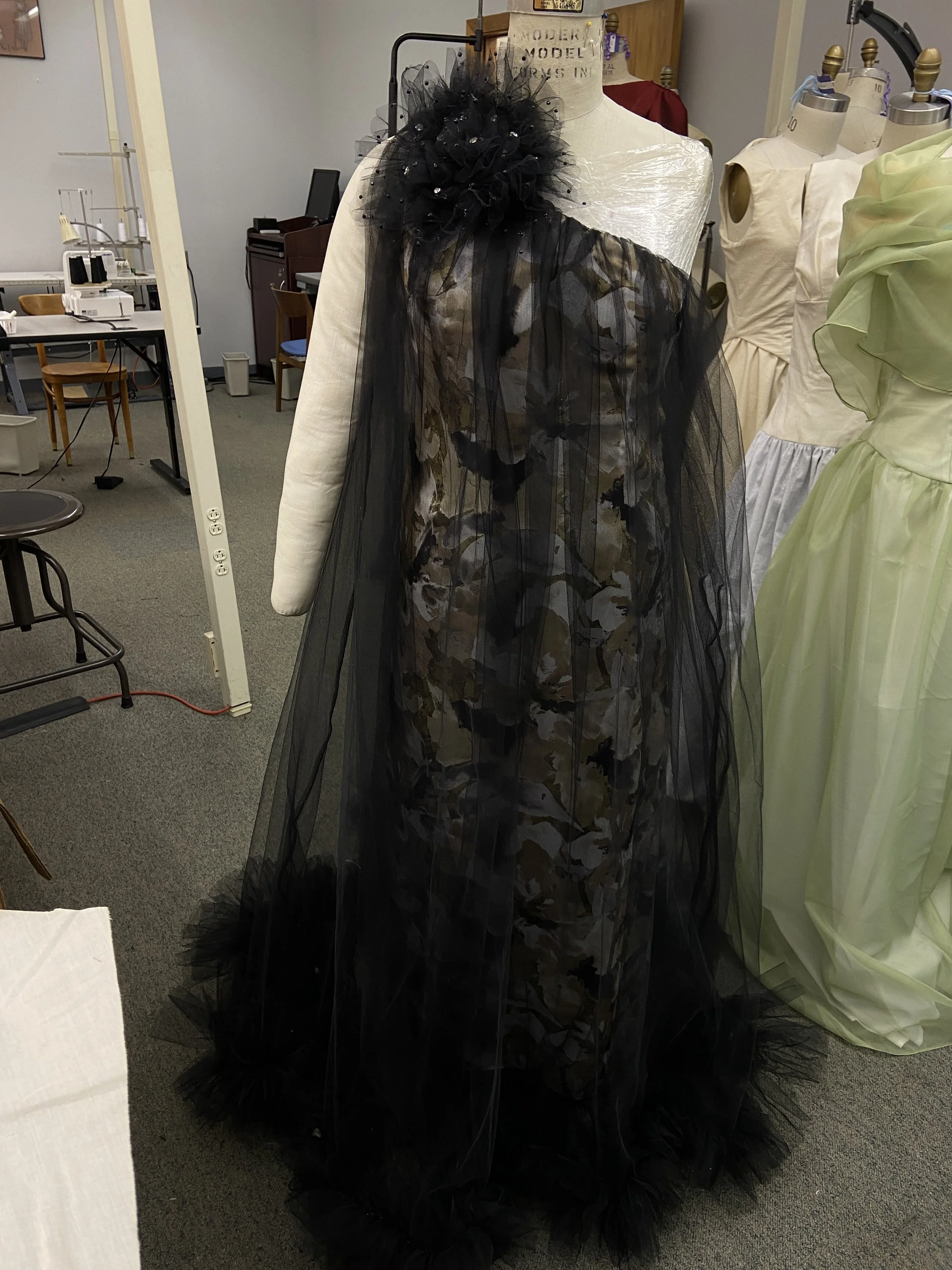 The final dress fitted on the custom padded mannequin.