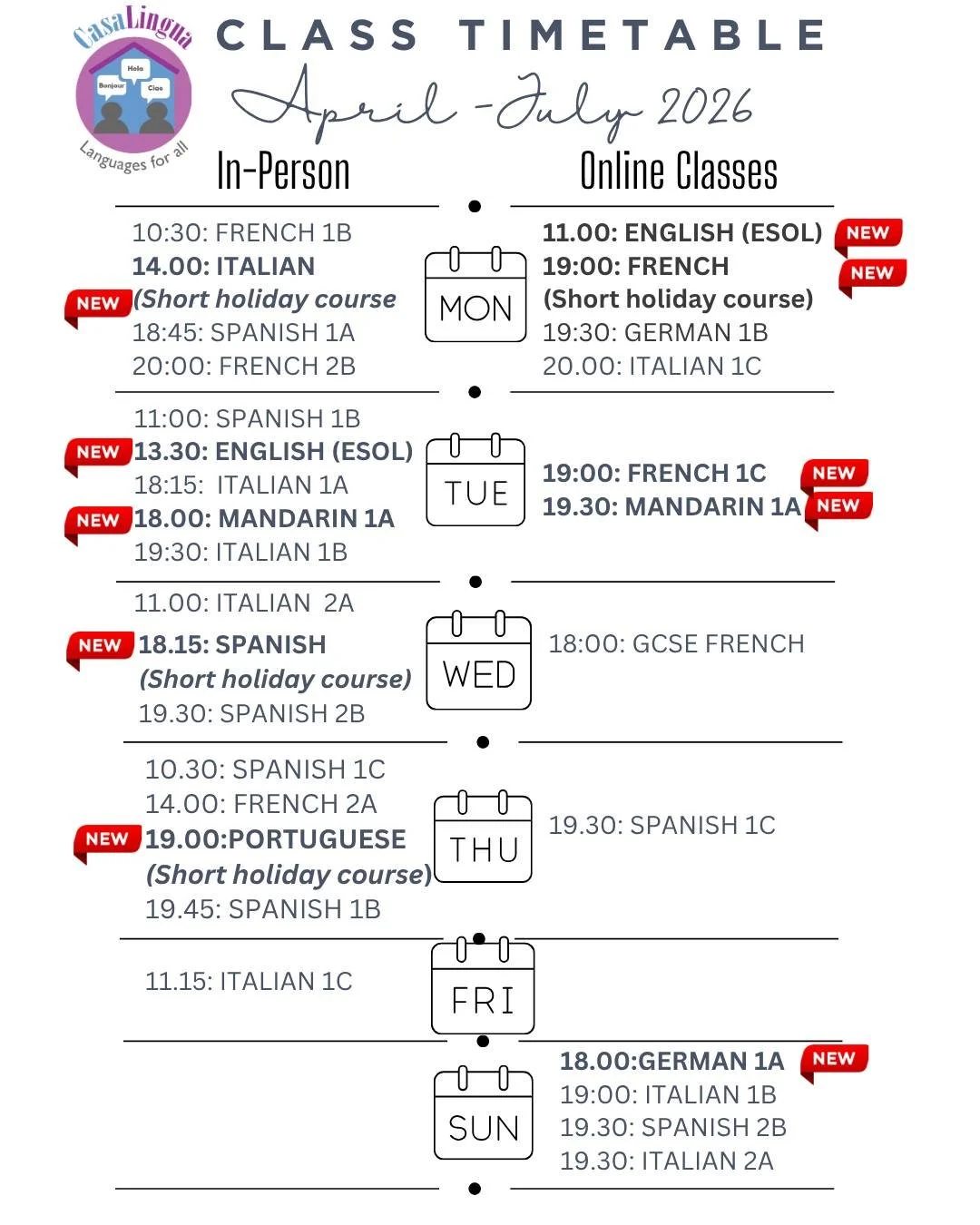 👀NEW TIMETABLE!
With a larger space and more tutors, we thought we would bump up the timetable after Easter! 
Registration for all classes is now open via our website. Go to CasaLingua.co.uk/classes

We can&rsquo;t wait to welcome you along!