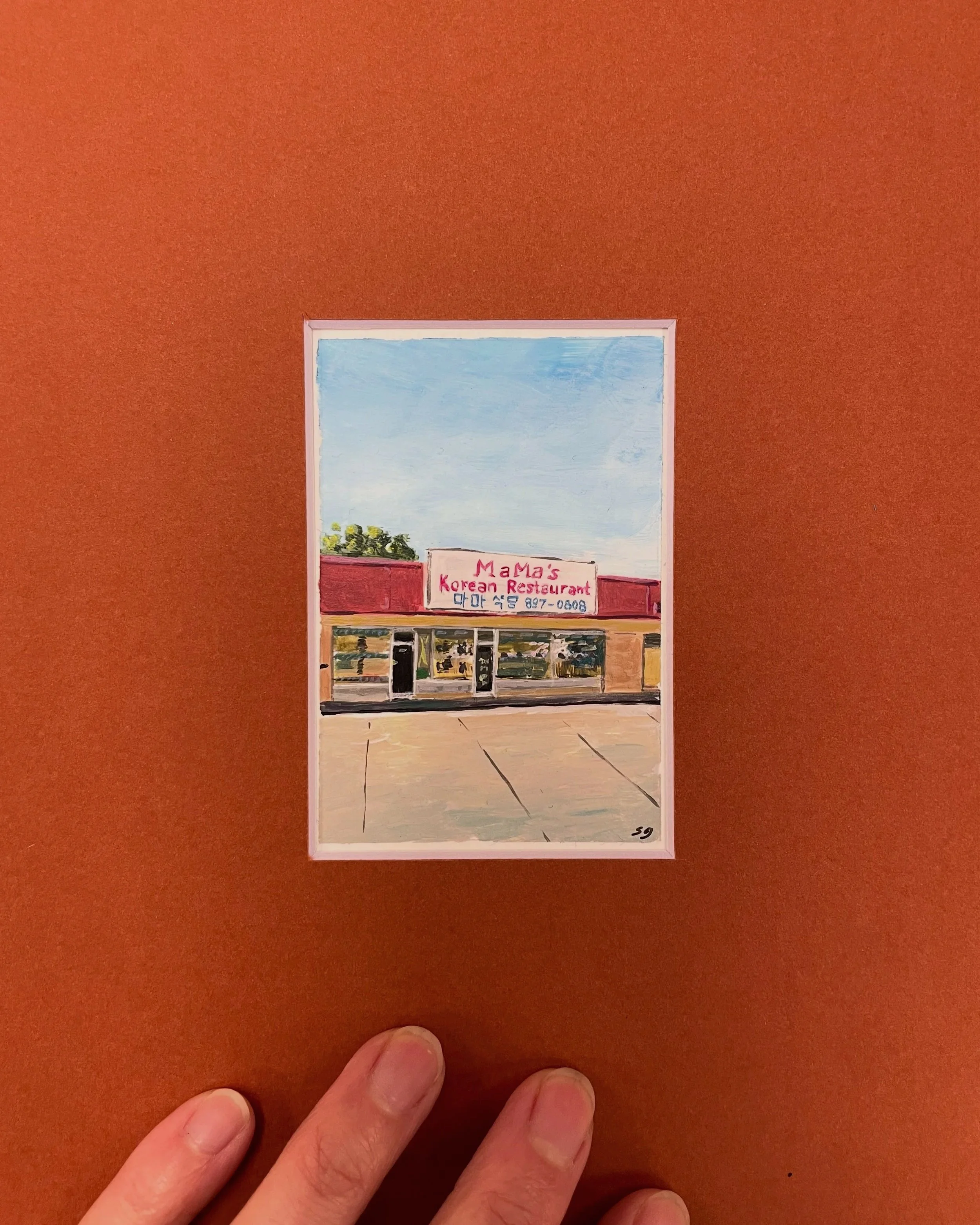 A painting of the front of a small restaurant named 'MaMa's Korean Restaurant' with a blue sky background and a sidewalk in front.