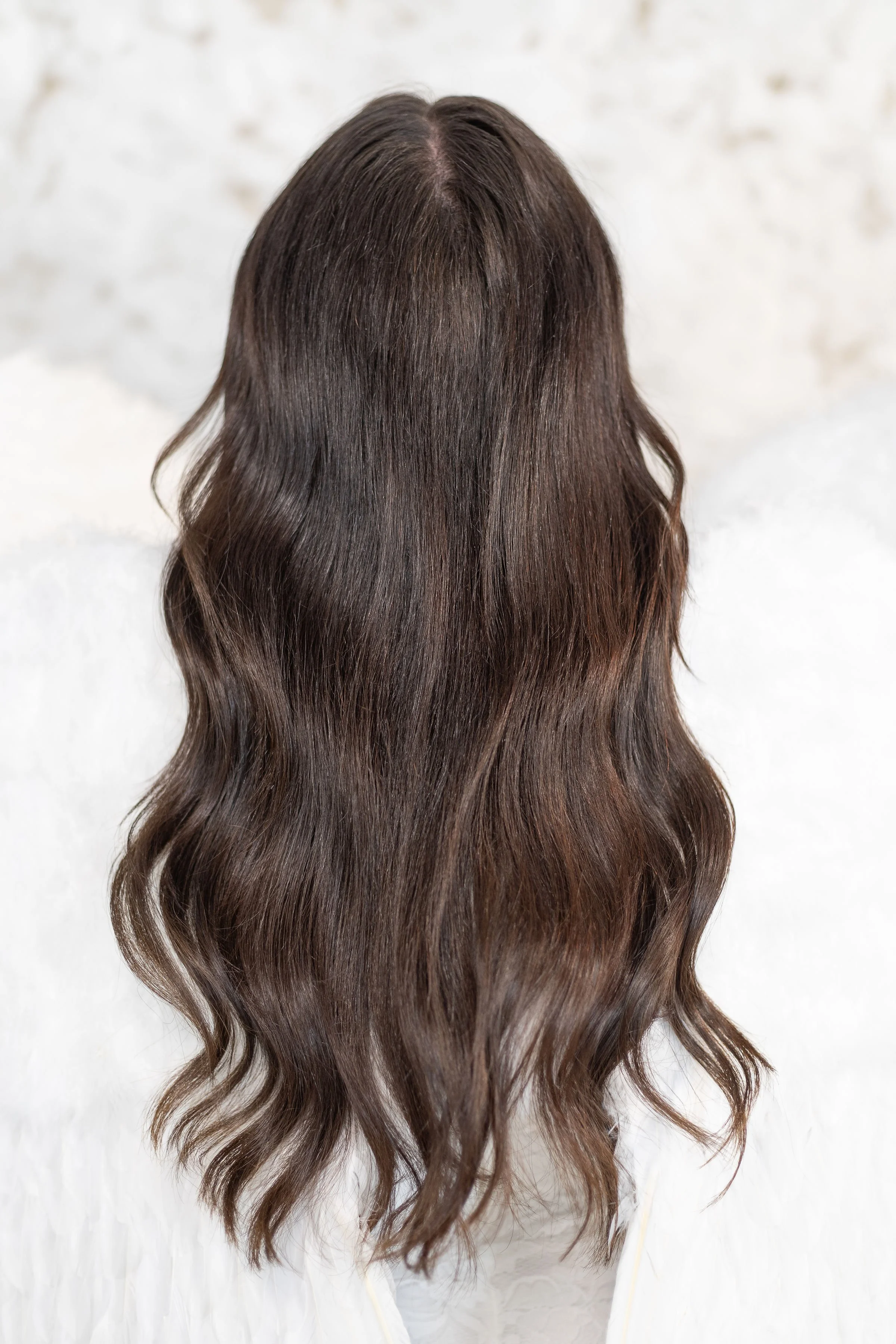 Back view of a head with long, wavy, brown hair against a white background.