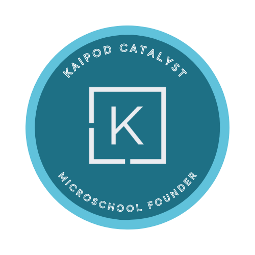 A circular logo with a teal background and white border. Inside, it features a stylized letter 'K' within a square outline. The text around the circle reads 'KAIPOD CATALYST MICRO SCHOOL FOUNDER'.
