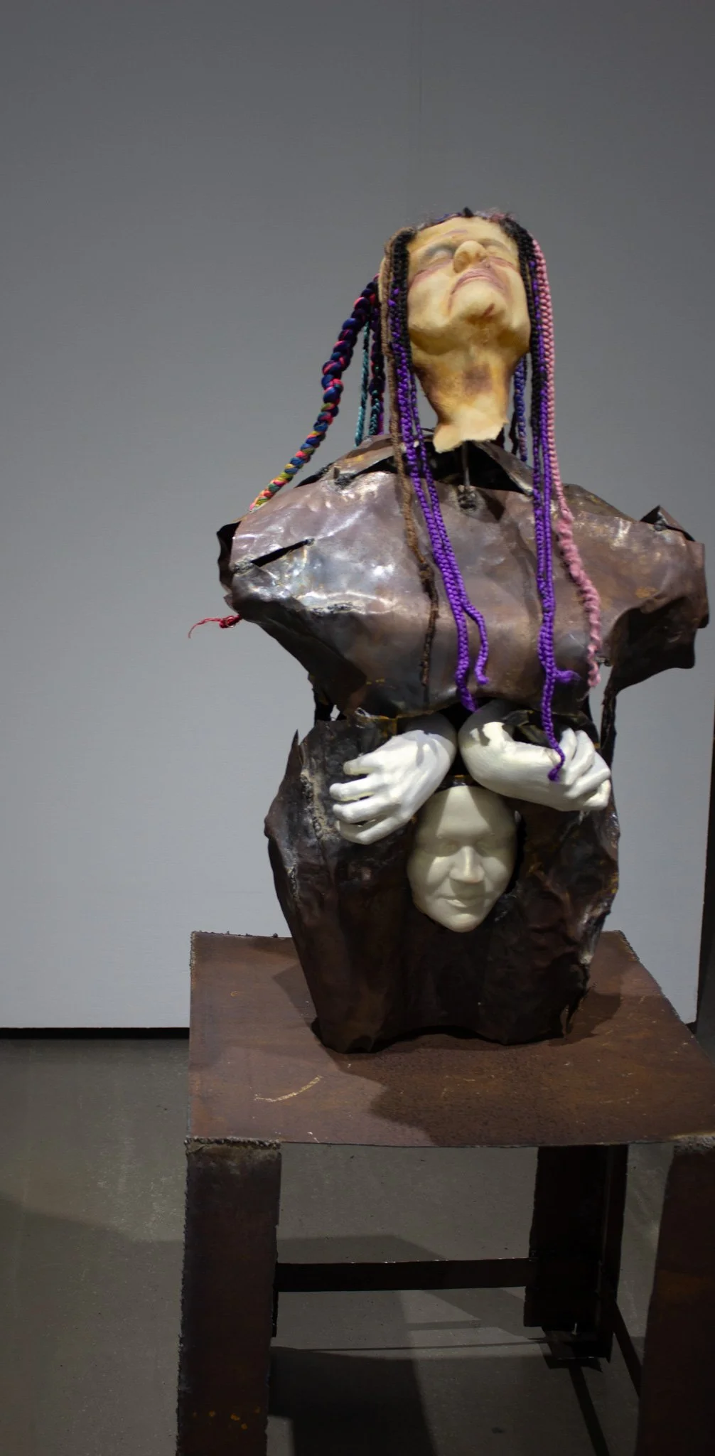 Me, 2025
Metal, paint, plaster, brush on latex, powder pigment paint, rubber, silicone, human hair, saved hair previously worn.
24 x 24  x 64 inches.