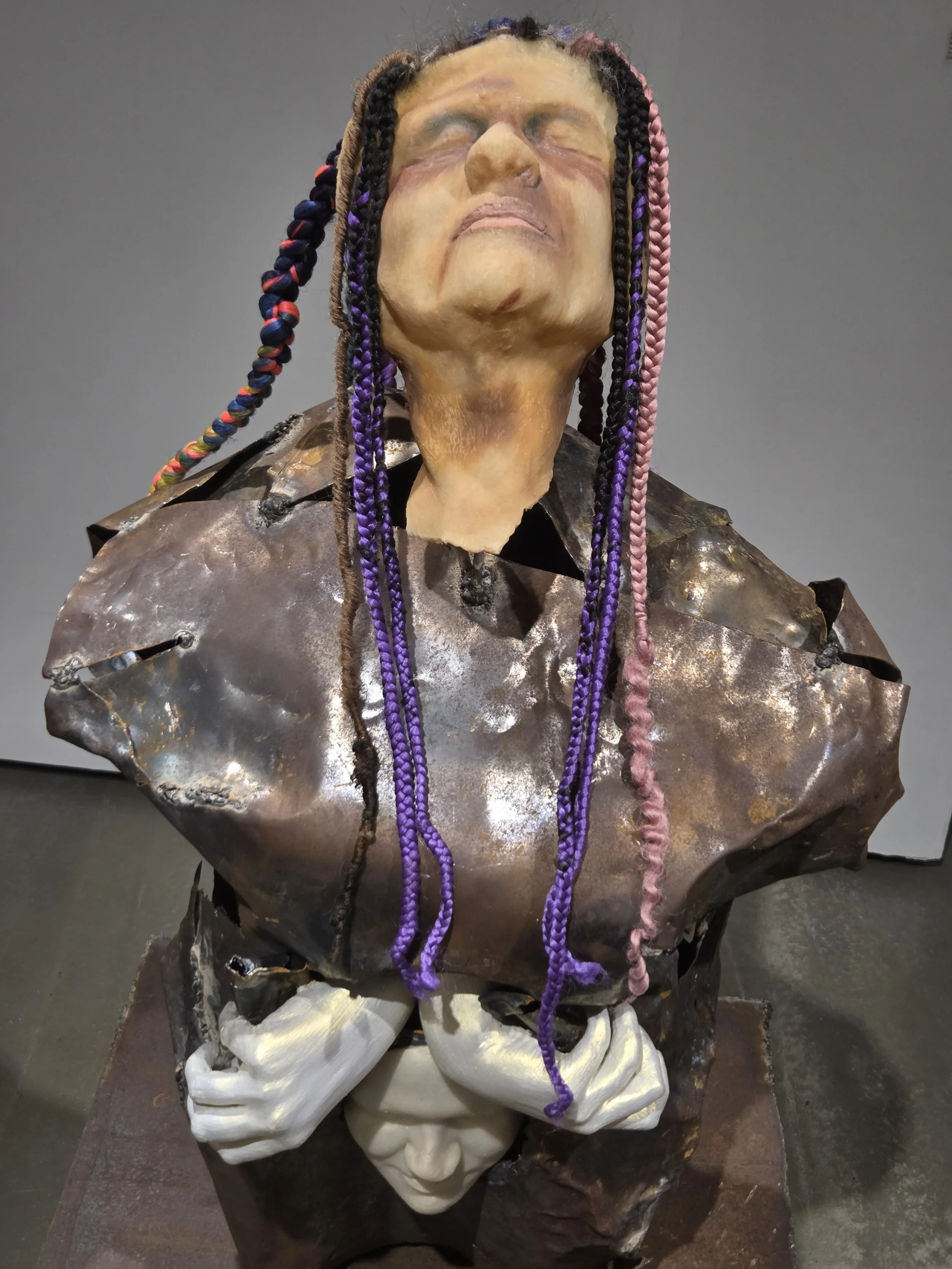 Me, 2025
Metal, paint, plaster, brush on latex, powder pigment paint, rubber, silicone, human hair, saved hair previously worn.
24 x 24  x 64 inches.