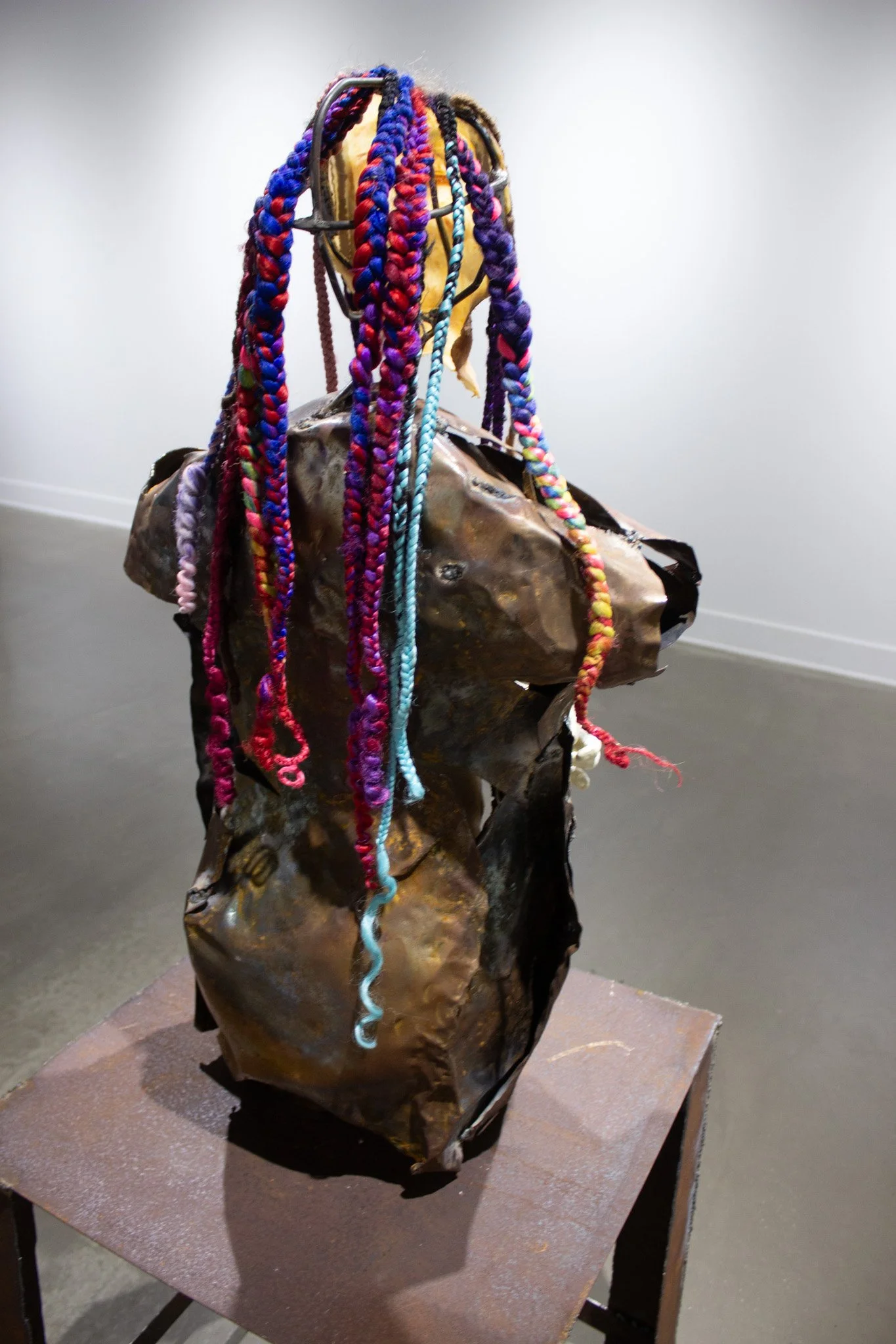 Me, 2025
Metal, paint, plaster, brush on latex, powder pigment paint, rubber, silicone, human hair, saved hair previously worn.
24 x 24  x 64 inches.