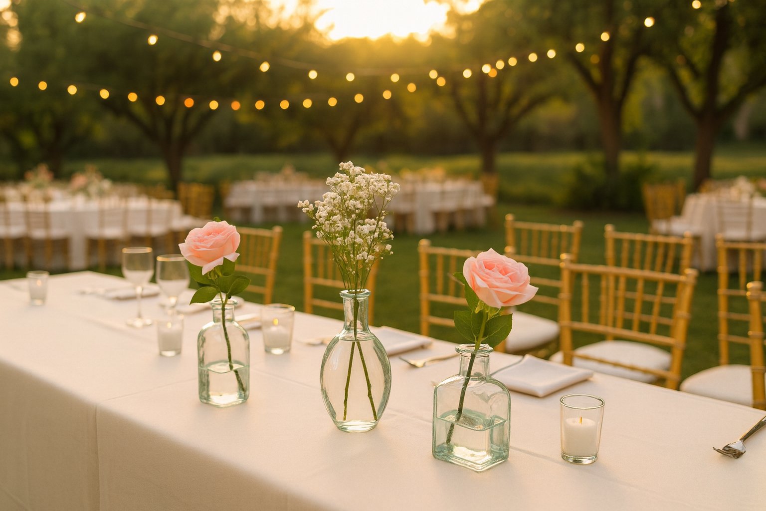 Outdoor wedding or event table with pink roses and baby's breath in small glass vases, set with candles, in a garden with trees and string lights at sunset.