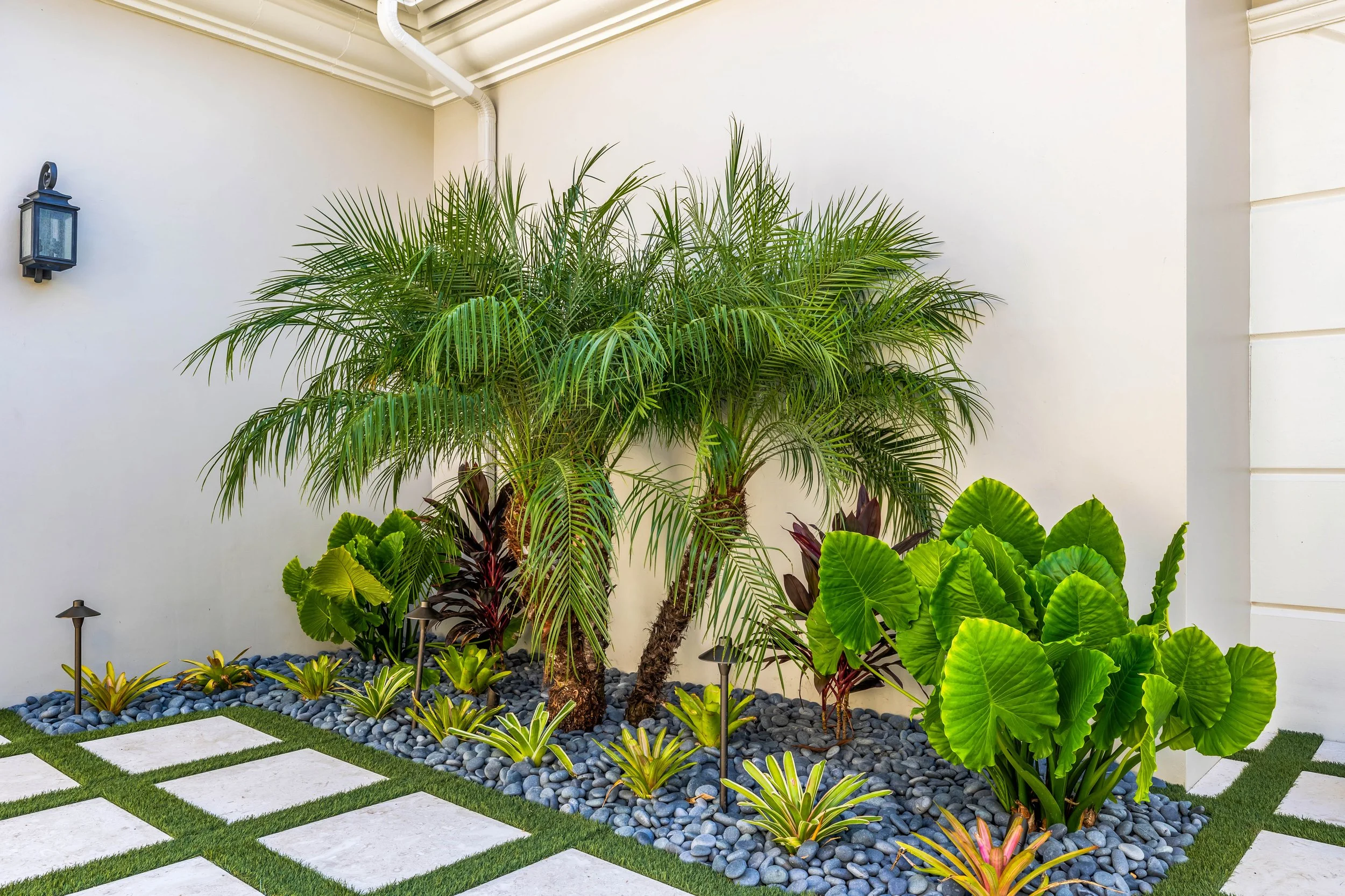 Contemporary courtyard garden with structured plantings, shaded wall, and custom trellis feature.