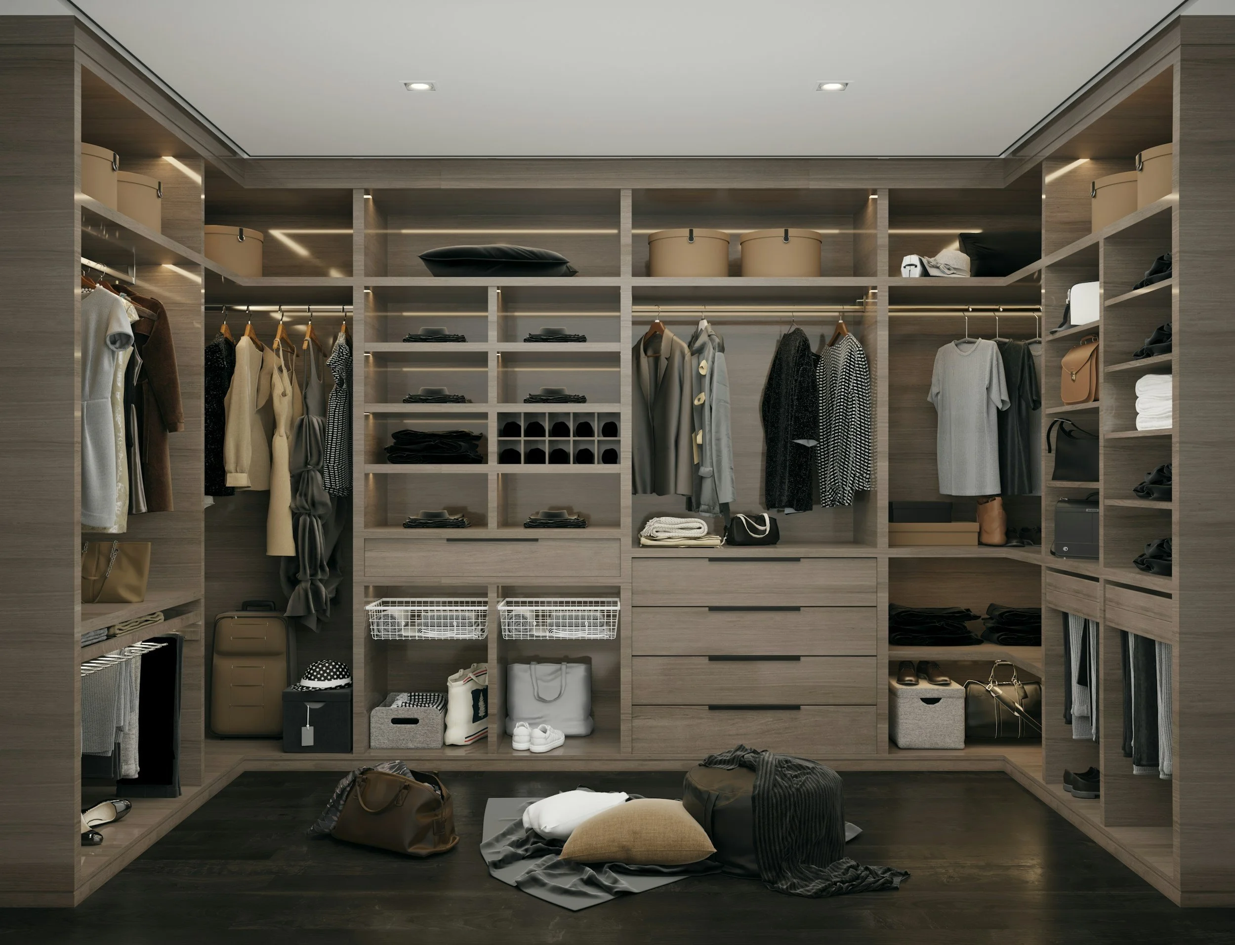 A walk-in closet with wooden shelves and drawers filled with clothes, shoes, and accessories, with some items on the floor and on top of the shelves.