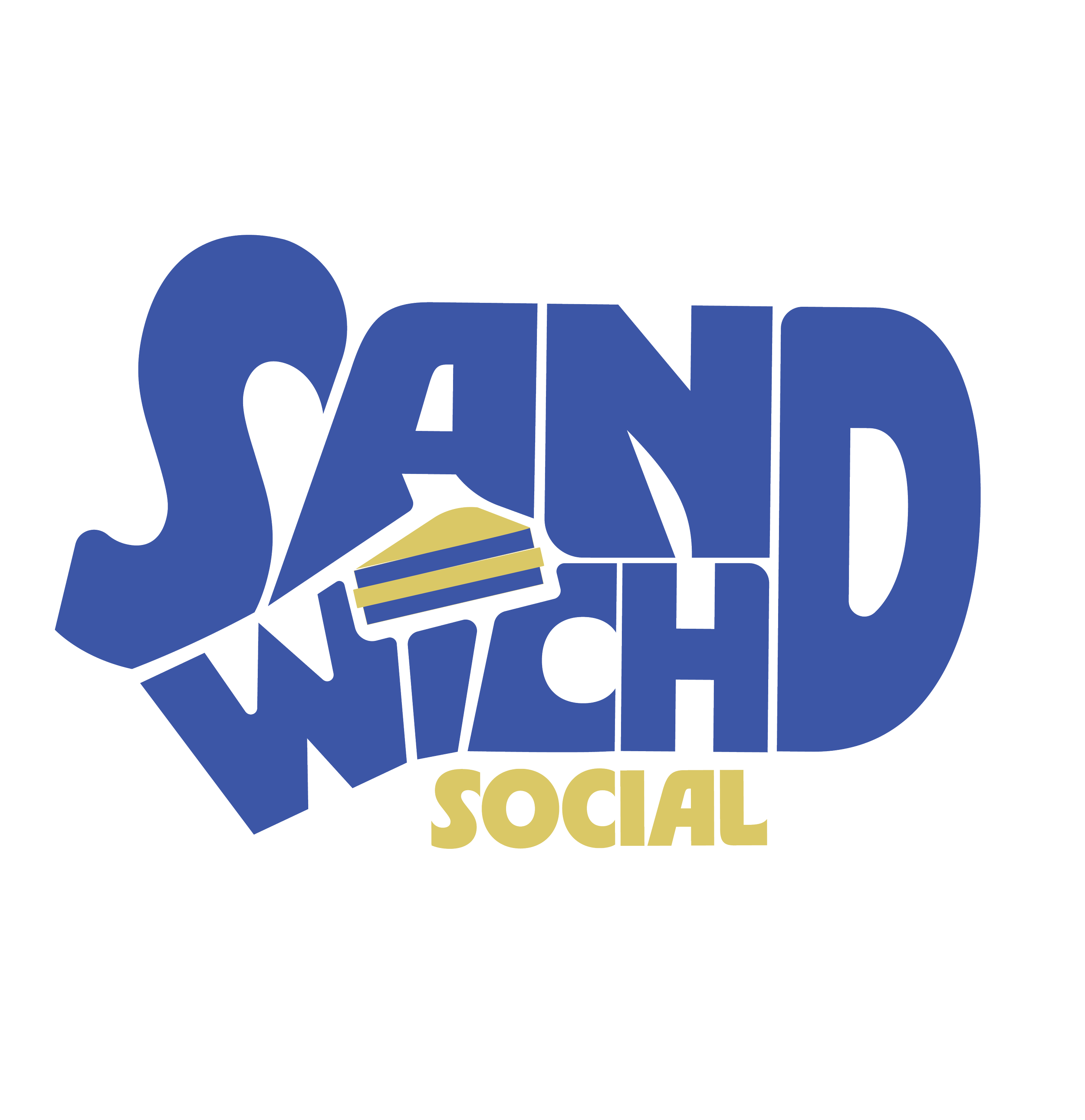 A logo with large blue text saying 'SAND' stacked over 'WATCHD' and 'SOCIAL' in smaller yellow text, including a small slice of yellow and blue striped cake in the middle.