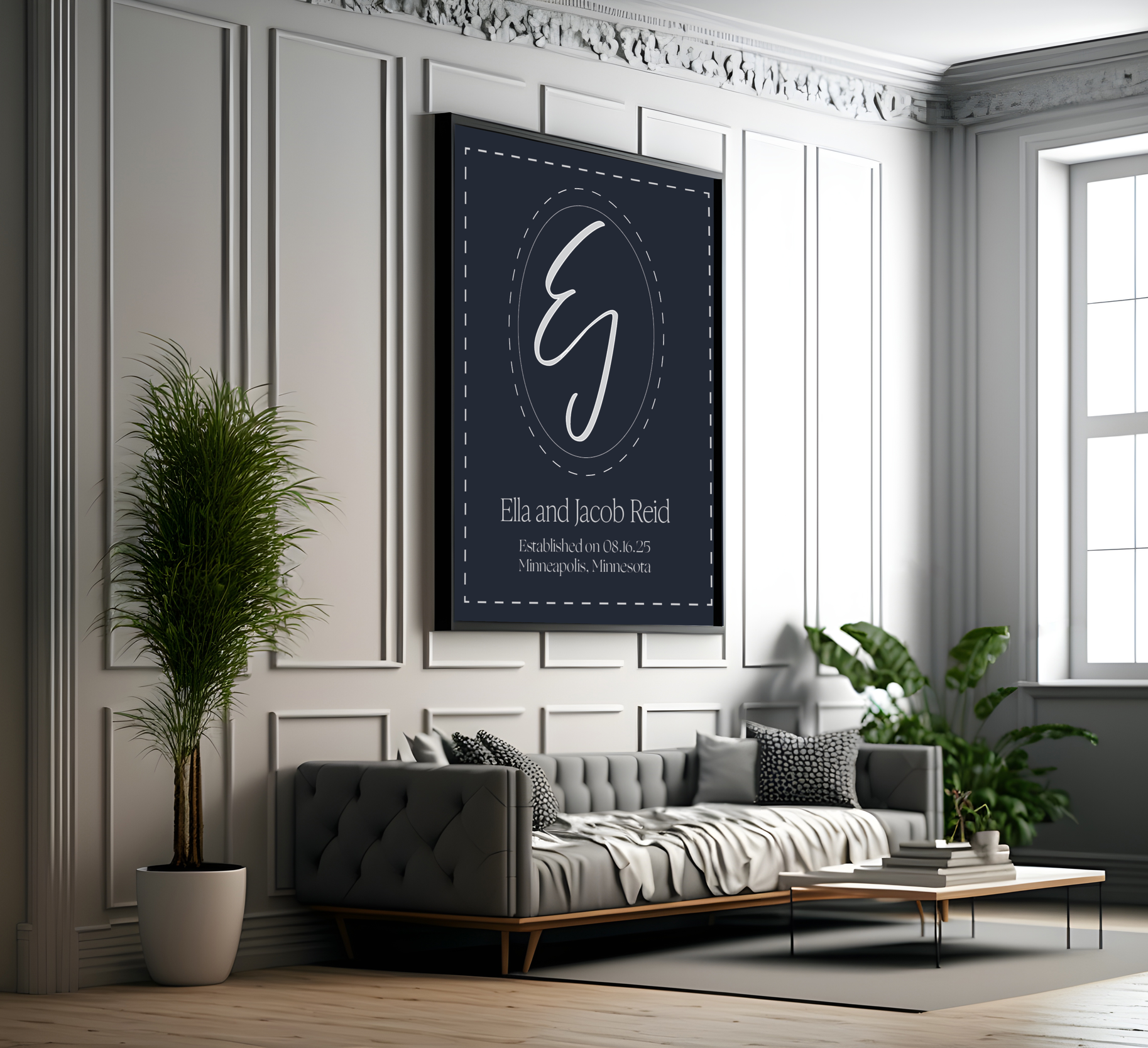Living room with white paneled walls and large window, a gray tufted sofa with black and white pillows, a wooden coffee table with books, green plants, and a large navy blue wall art piece with initials, names, and a date.