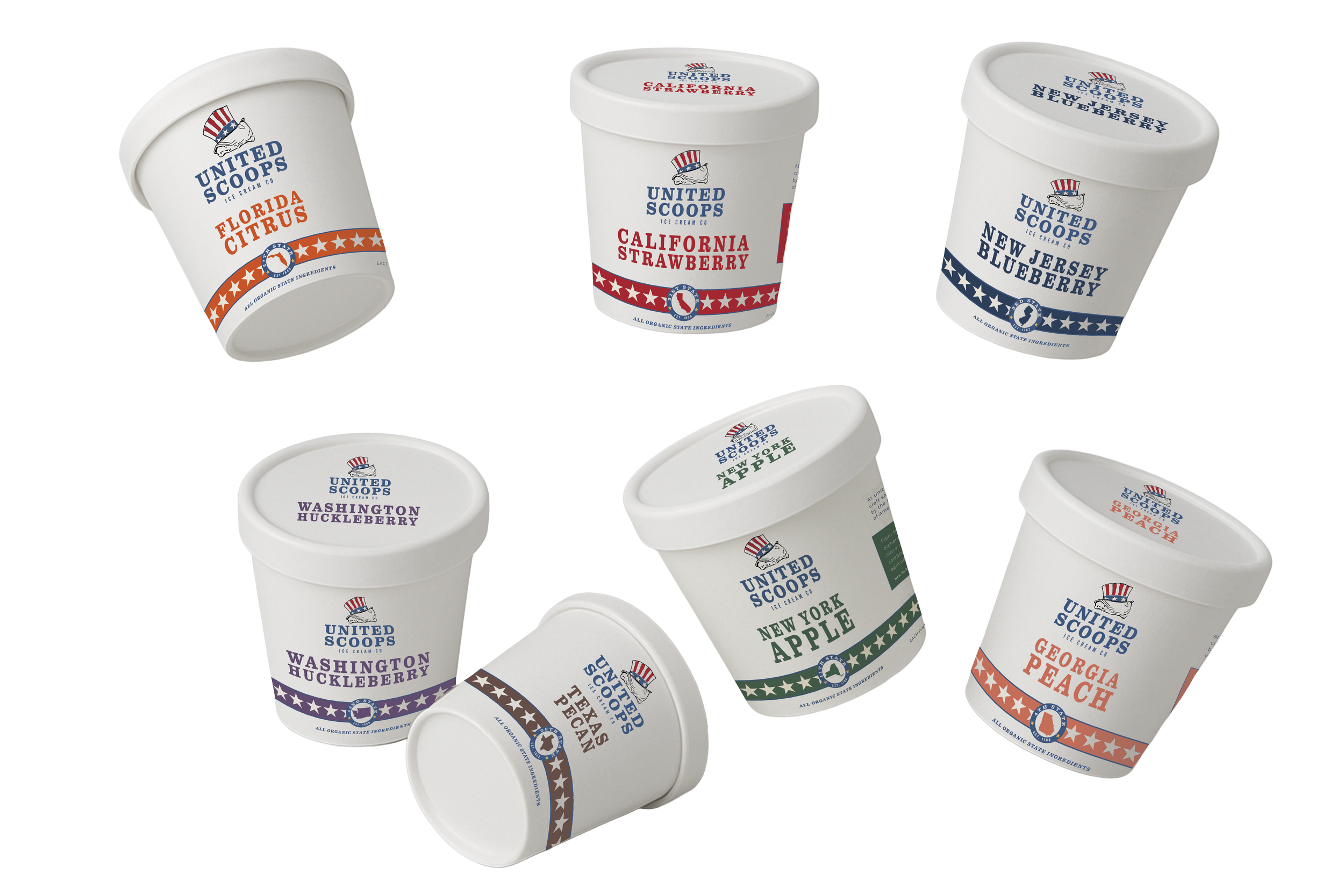 Six cups of ice cream with patriotic-themed labels, each flavor named after a U.S. state or city, including Florida Citrus, California Strawberry, New Jersey Blueberry, Washington Huckleberry, New York Apple, and Georgia Peach.